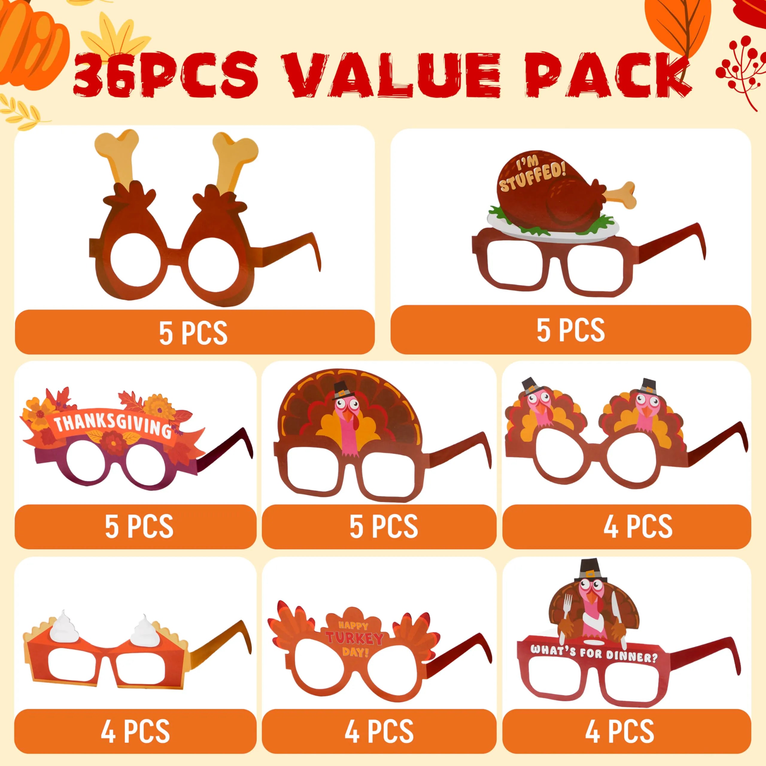 36 Pack Thanksgiving Turkey Glasses, Turkey Eyewear Photo Props for Kids