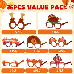 36 Pack Thanksgiving Turkey Glasses, Turkey Eyewear Photo Props for Kids