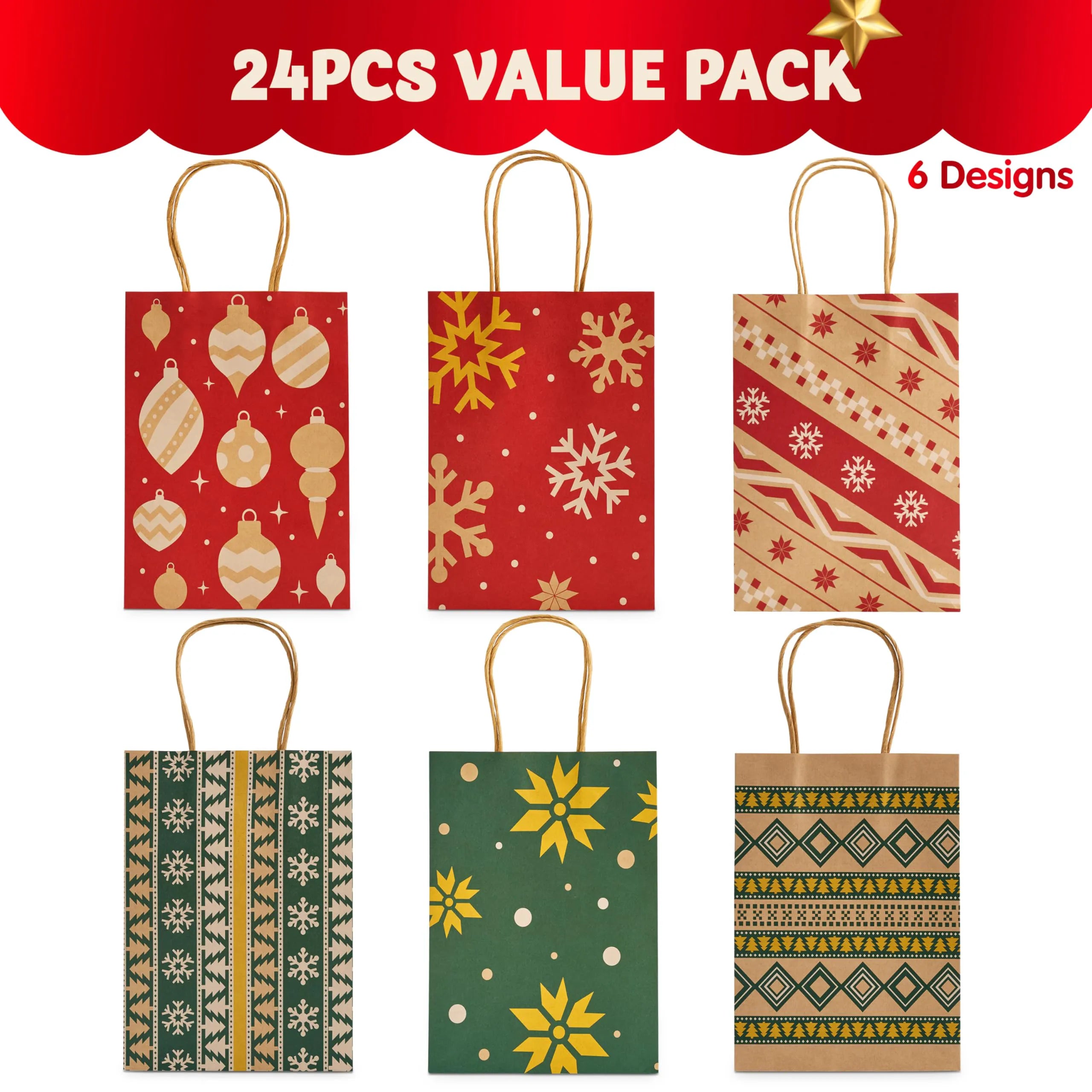 24 Pack Christmas Kraft Paper Gift Bags - Holiday Goody Bags