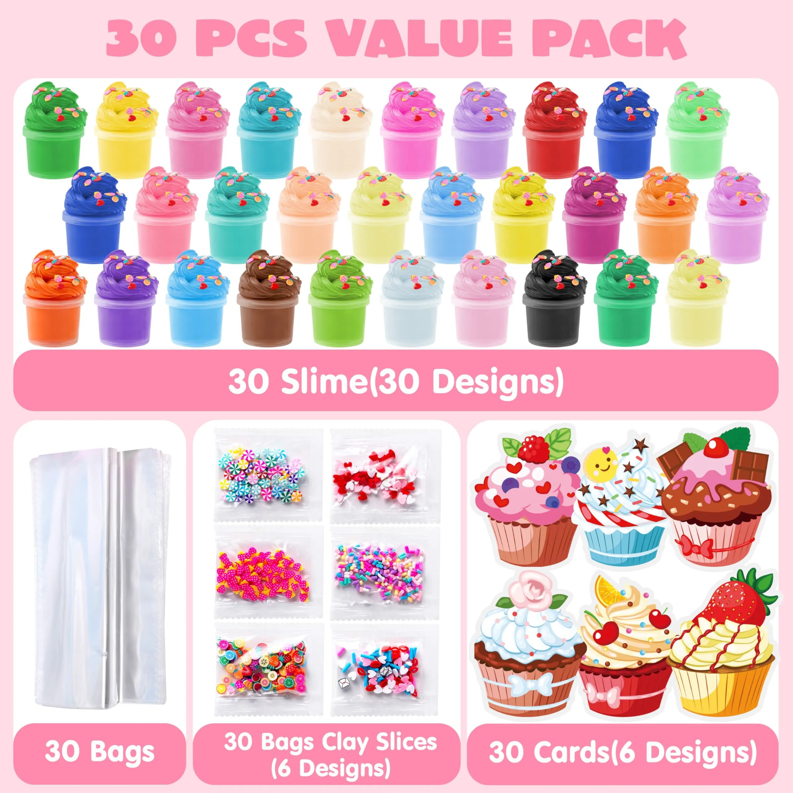 30-Piece Valentine's Day Multicolored Butter Slime Set with Rubber Slices and Dessert Cards