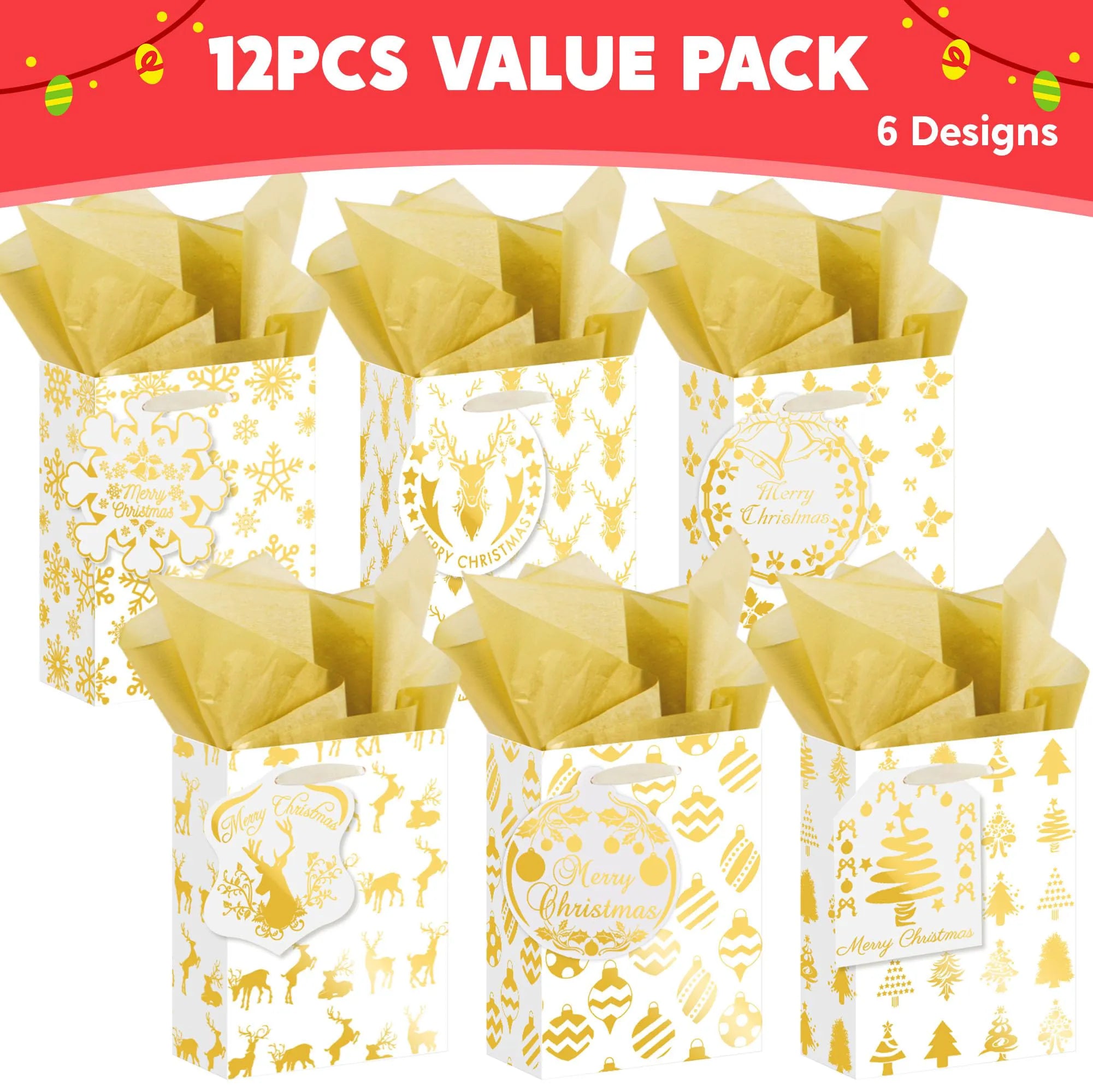 12 PCS Christmas Foil Gold Gift Bags with Tissue Paper and Name Card Tags