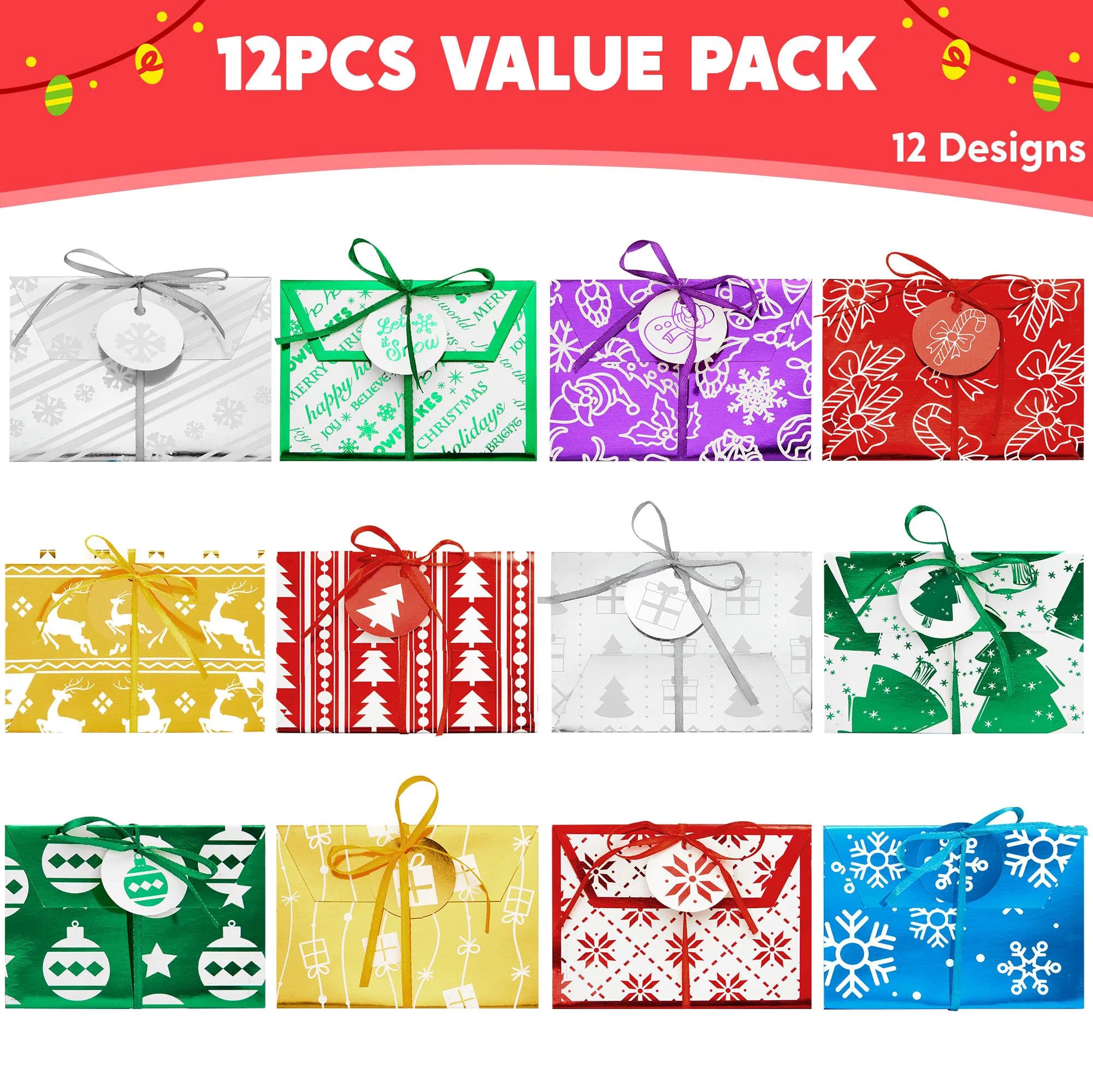 12 PCS Christmas Fancy Foil Gift Card Boxes with Ribbon