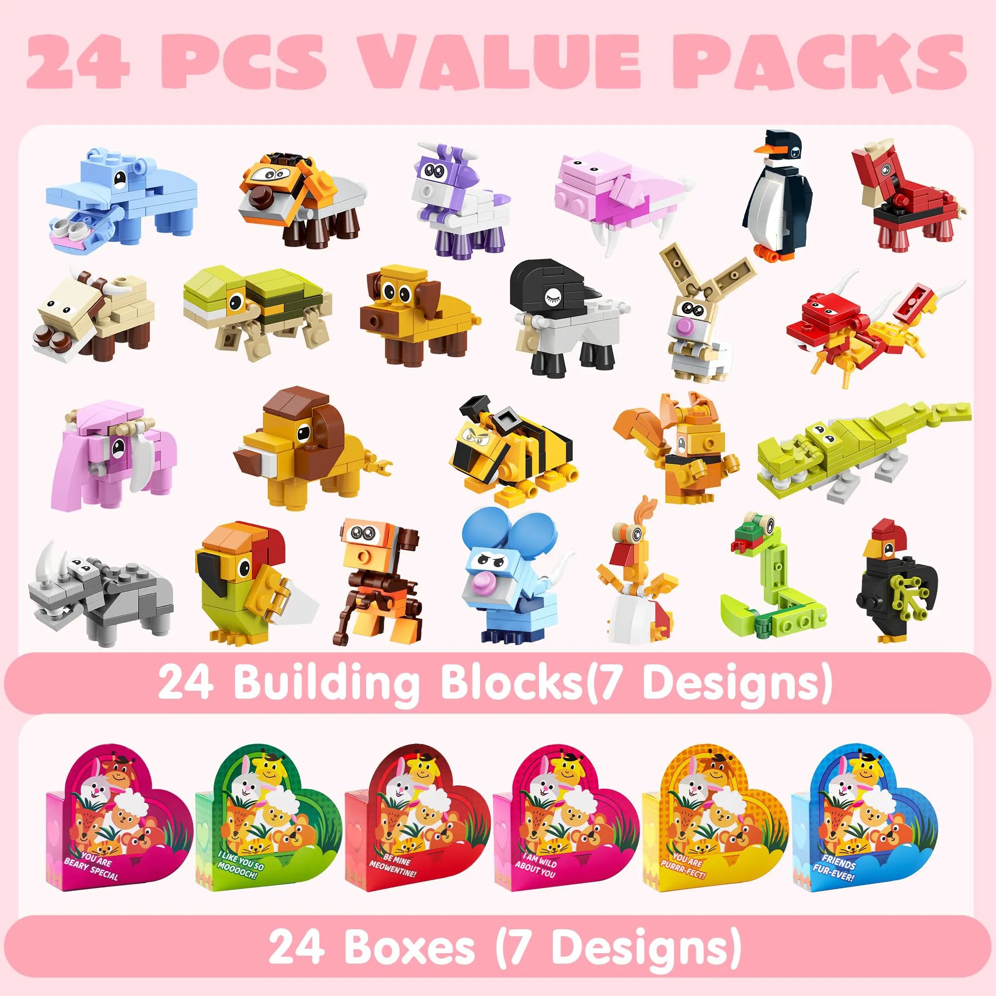 Valentine's Day Animal Building Blocks Heart Boxes with Cards for Kids