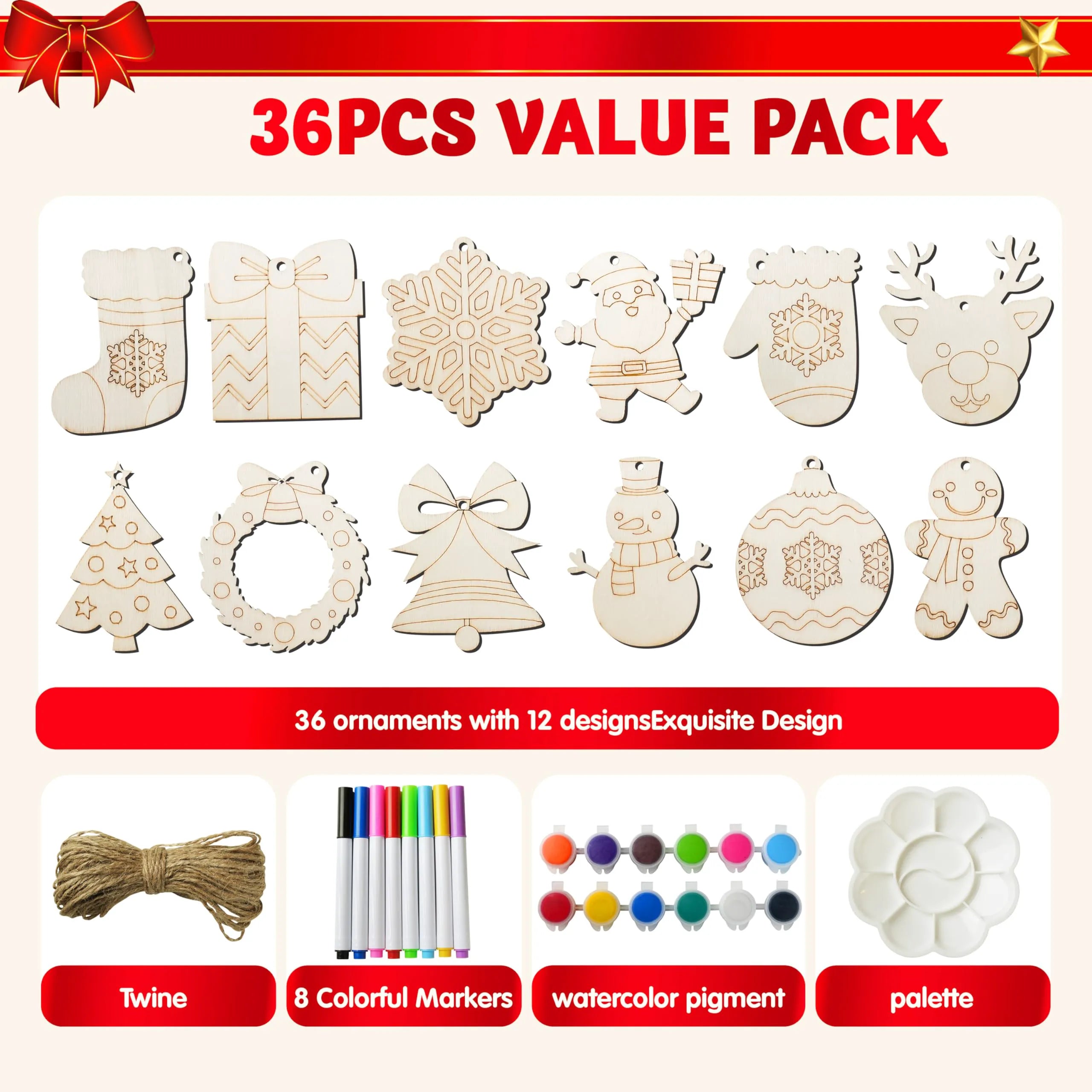 36-Piece Christmas Wooden Hanging Ornament Craft Kit