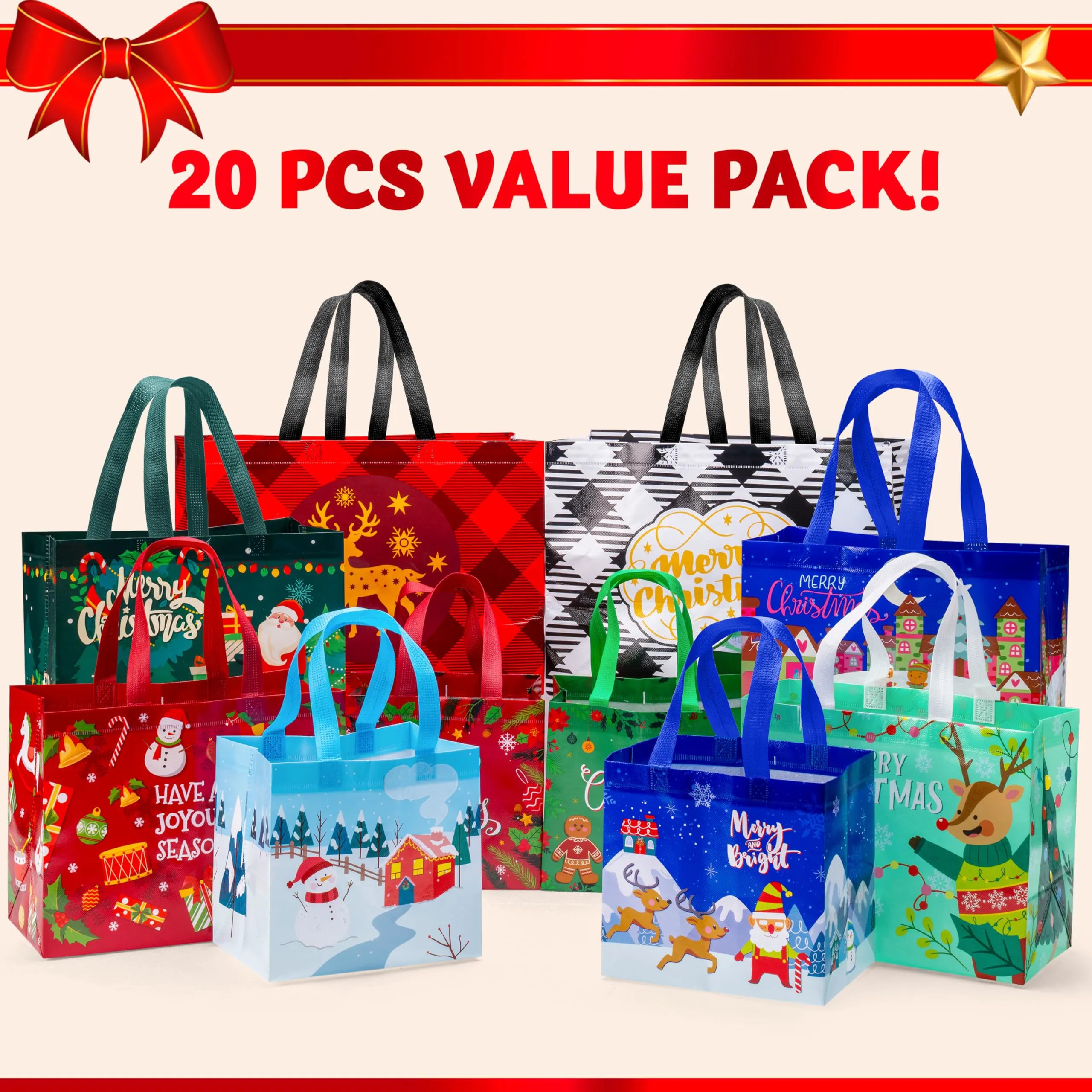 20 PCS Christmas Reusable Gift Bags, Assorted Sizes with Handles