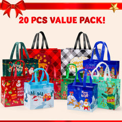 20 PCS Christmas Reusable Gift Bags, Assorted Sizes with Handles