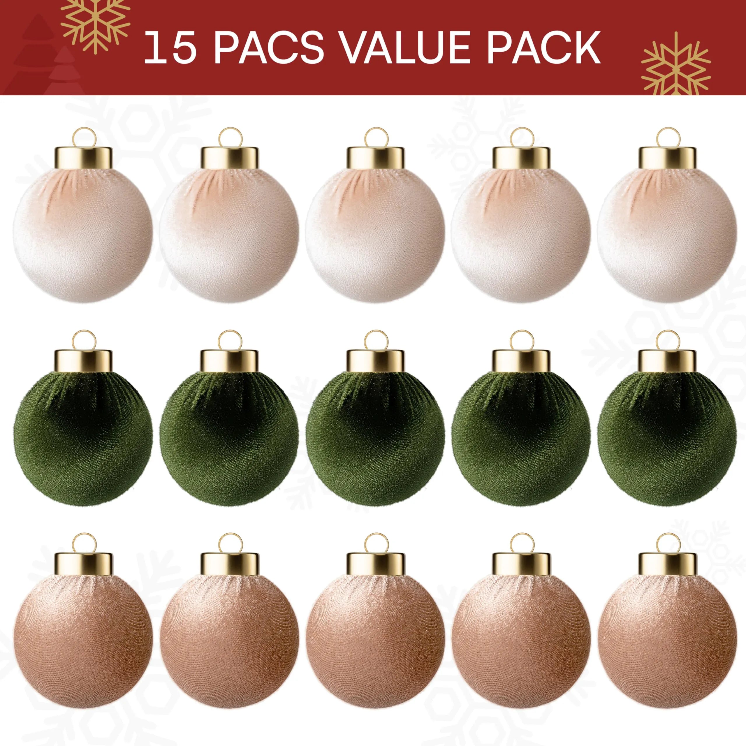 15 Pcs Christmas Velvet Ball Ornaments Set, 2.36" Green Brown Neutral