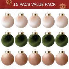 15 Pcs Christmas Velvet Ball Ornaments Set, 2.36" Green Brown Neutral