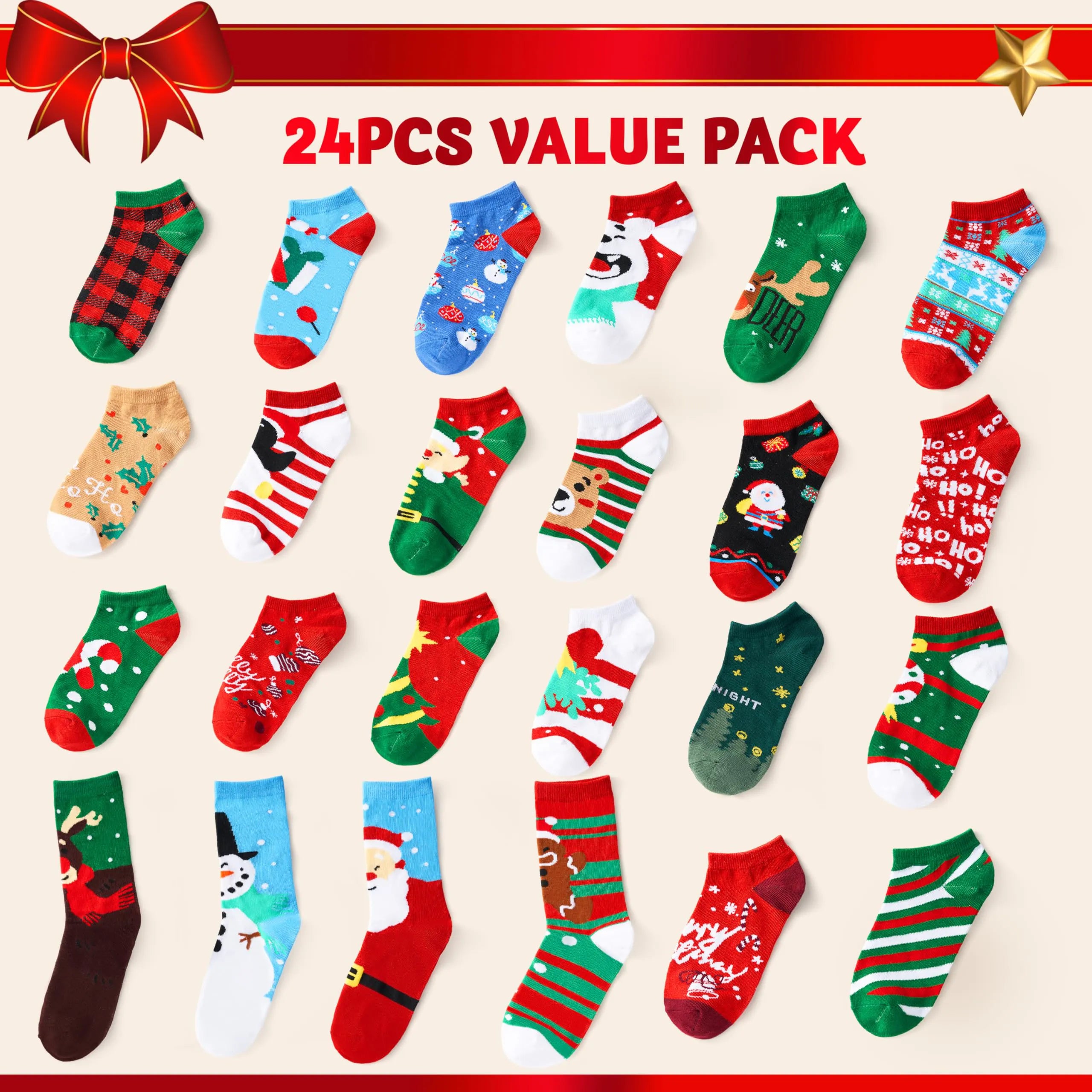 24 Days Christmas Advent Calendar with Warm Cotton Socks for Adults
