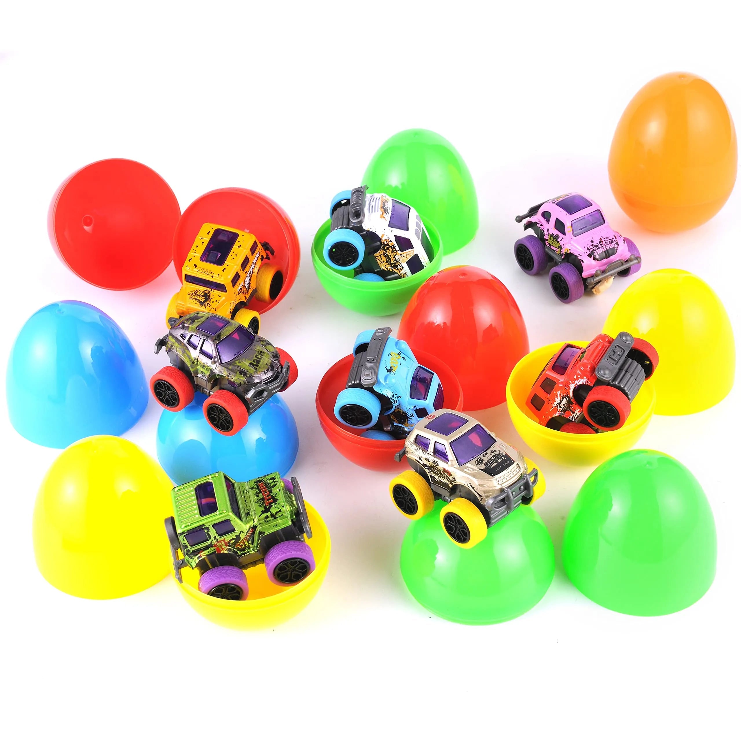 12-Pack 3.8-Inch Easter Eggs with Pull-Back Monster Cars & Trucks for Egg Hunts