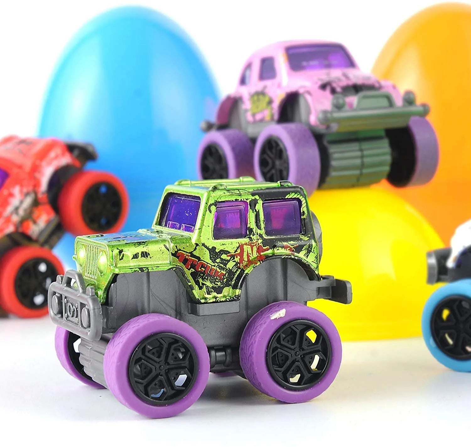 12-Pack 3.8-Inch Easter Eggs with Pull-Back Monster Cars & Trucks for Egg Hunts