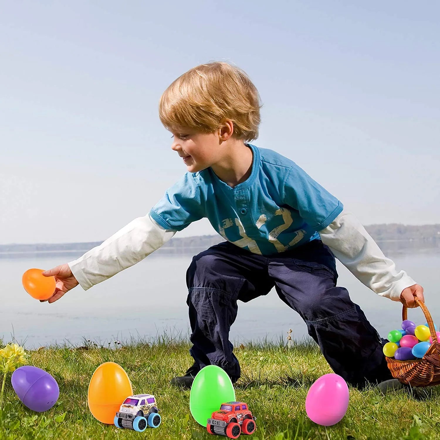 12-Pack 3.8-Inch Easter Eggs with Pull-Back Monster Cars & Trucks for Egg Hunts