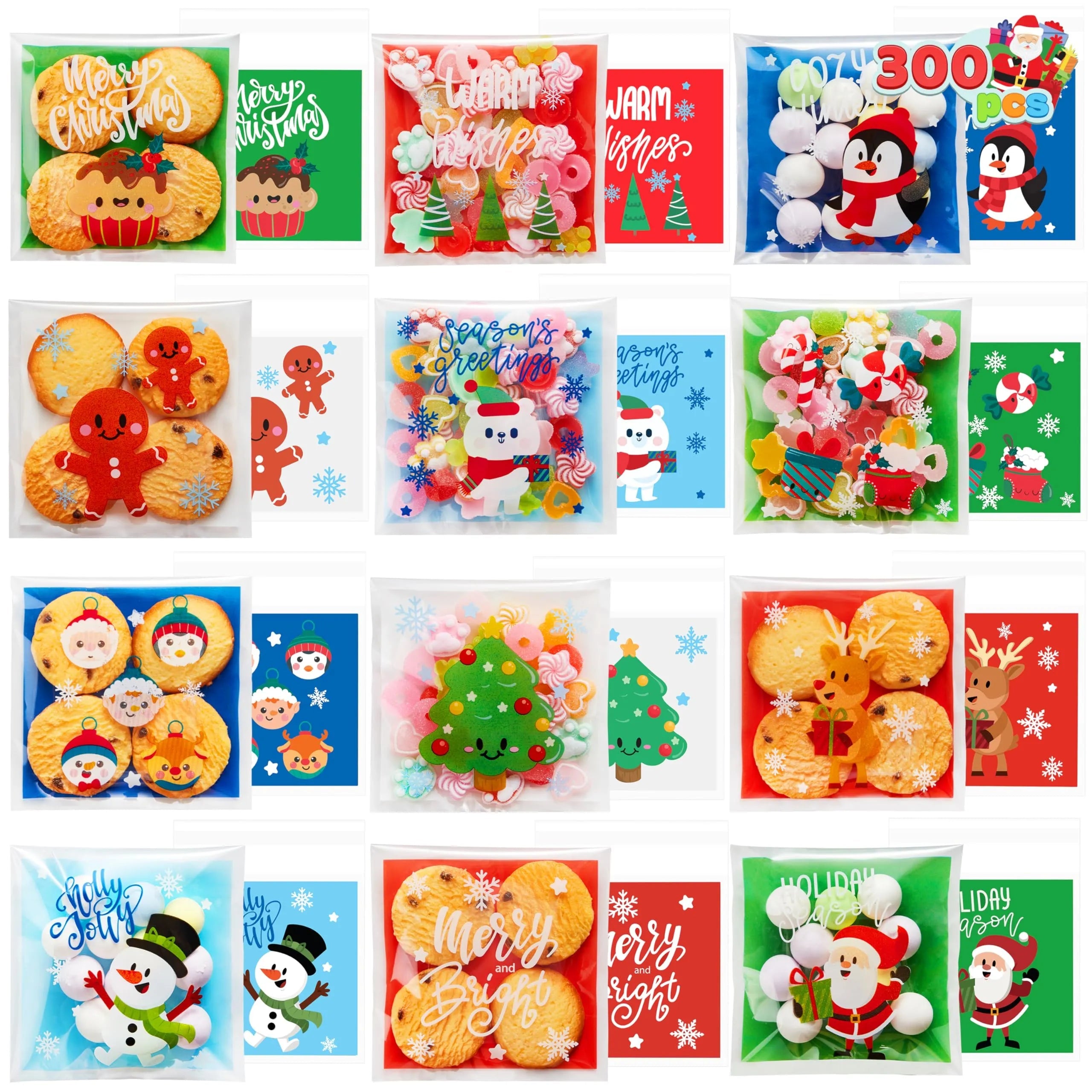 300-Pack Christmas Cellophane Candy Treat Bags
