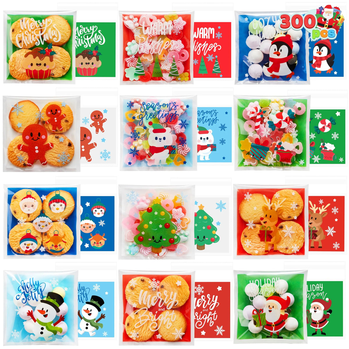 300-Pack Christmas Cellophane Candy Treat Bags