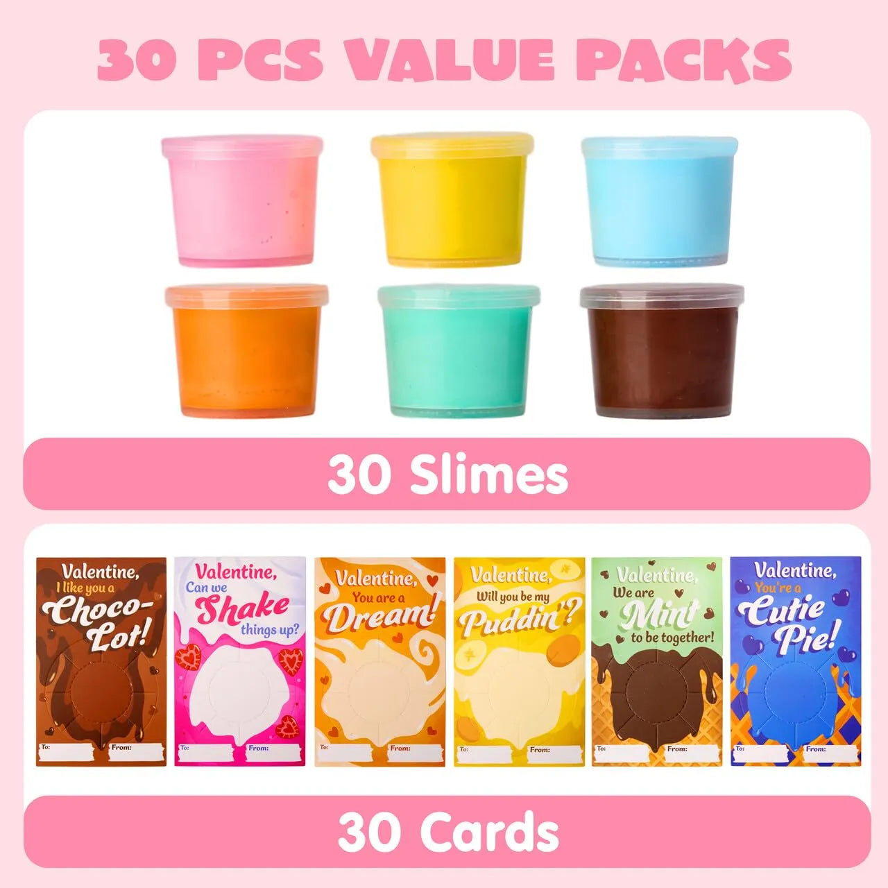 30 Packs 6 Designs Valentine's Day Cards with Butter Slime Stress Relief Fidget Toys