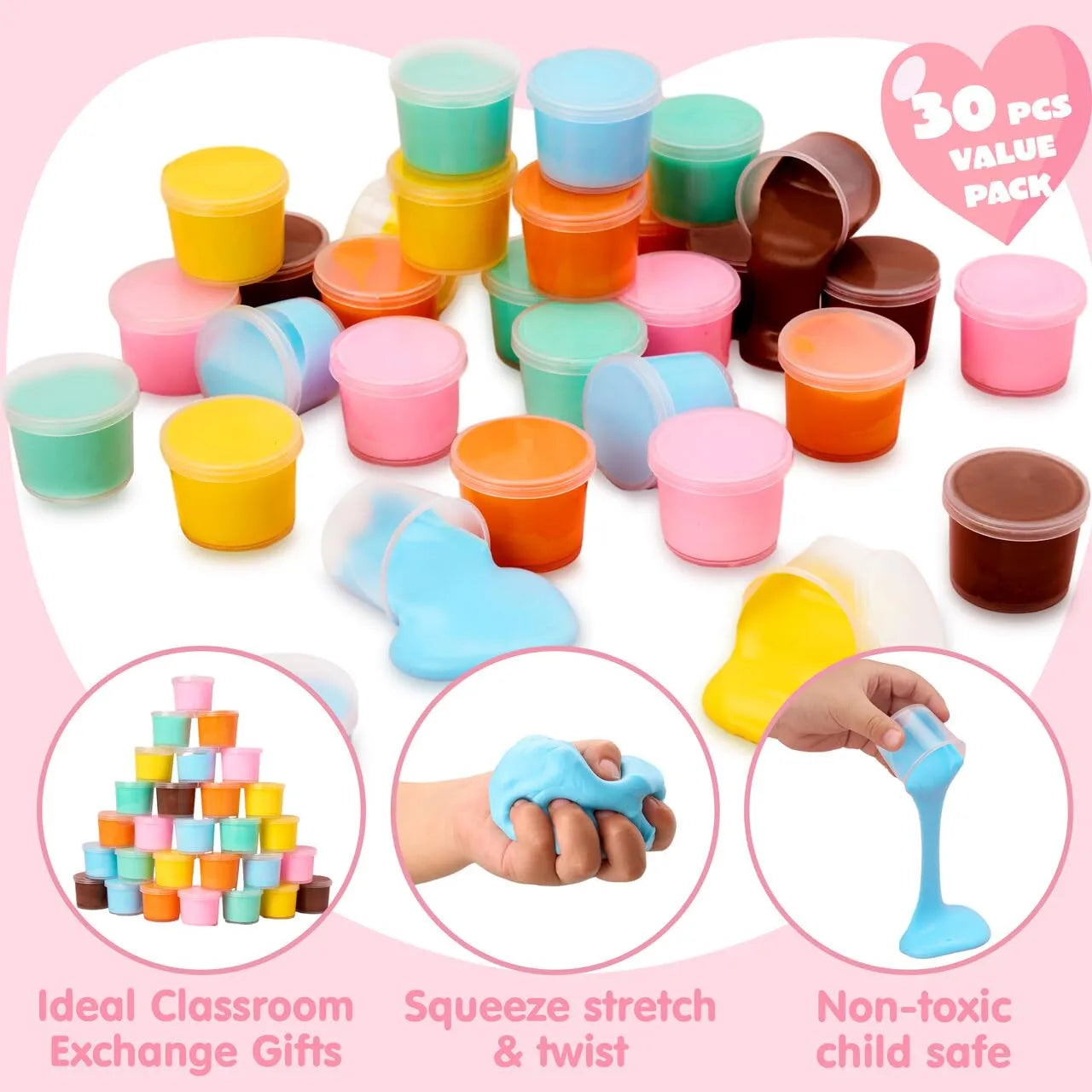 30 Packs 6 Designs Valentine's Day Cards with Butter Slime Stress Relief Fidget Toys