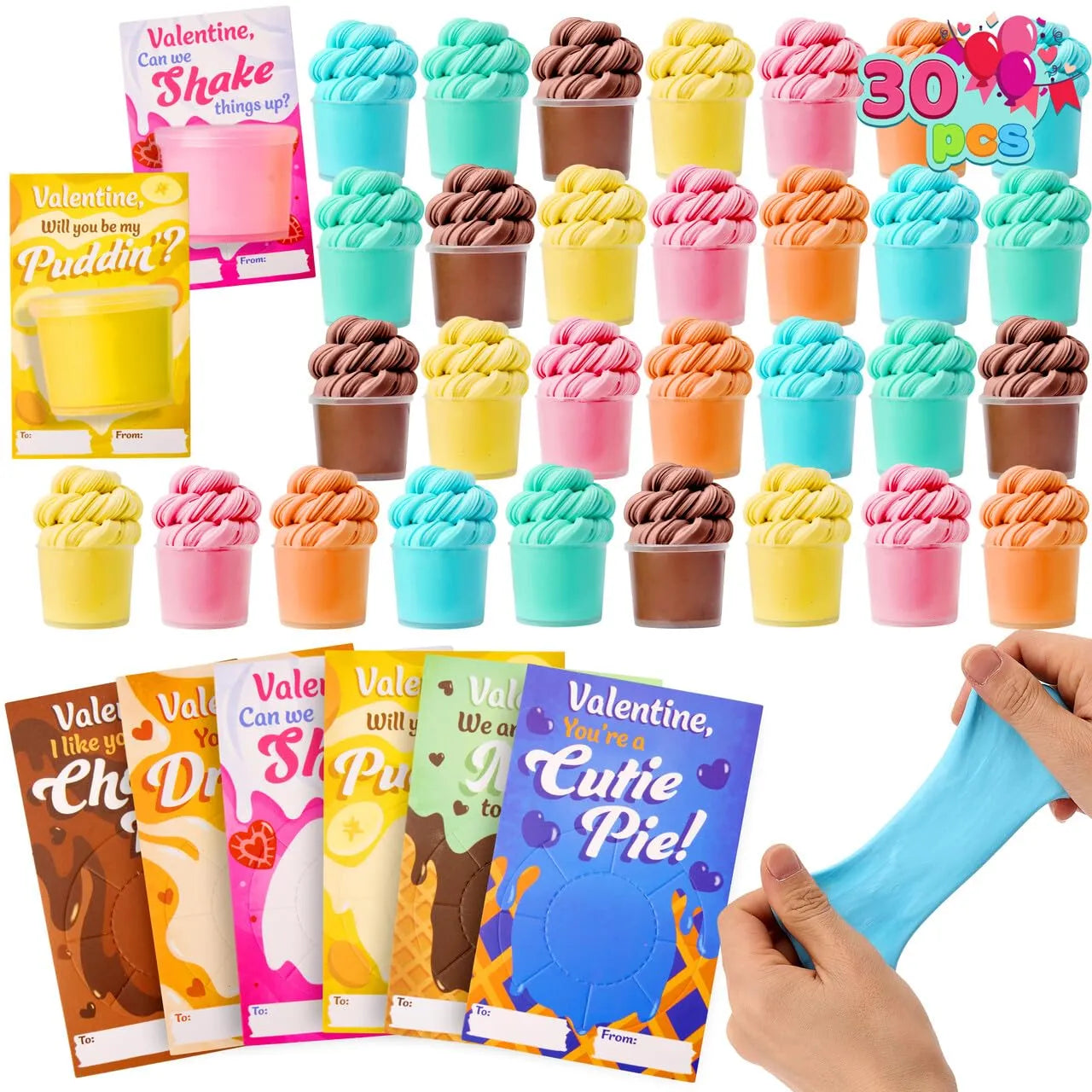 30 Packs 6 Designs Valentine's Day Cards with Butter Slime Stress Relief Fidget Toys