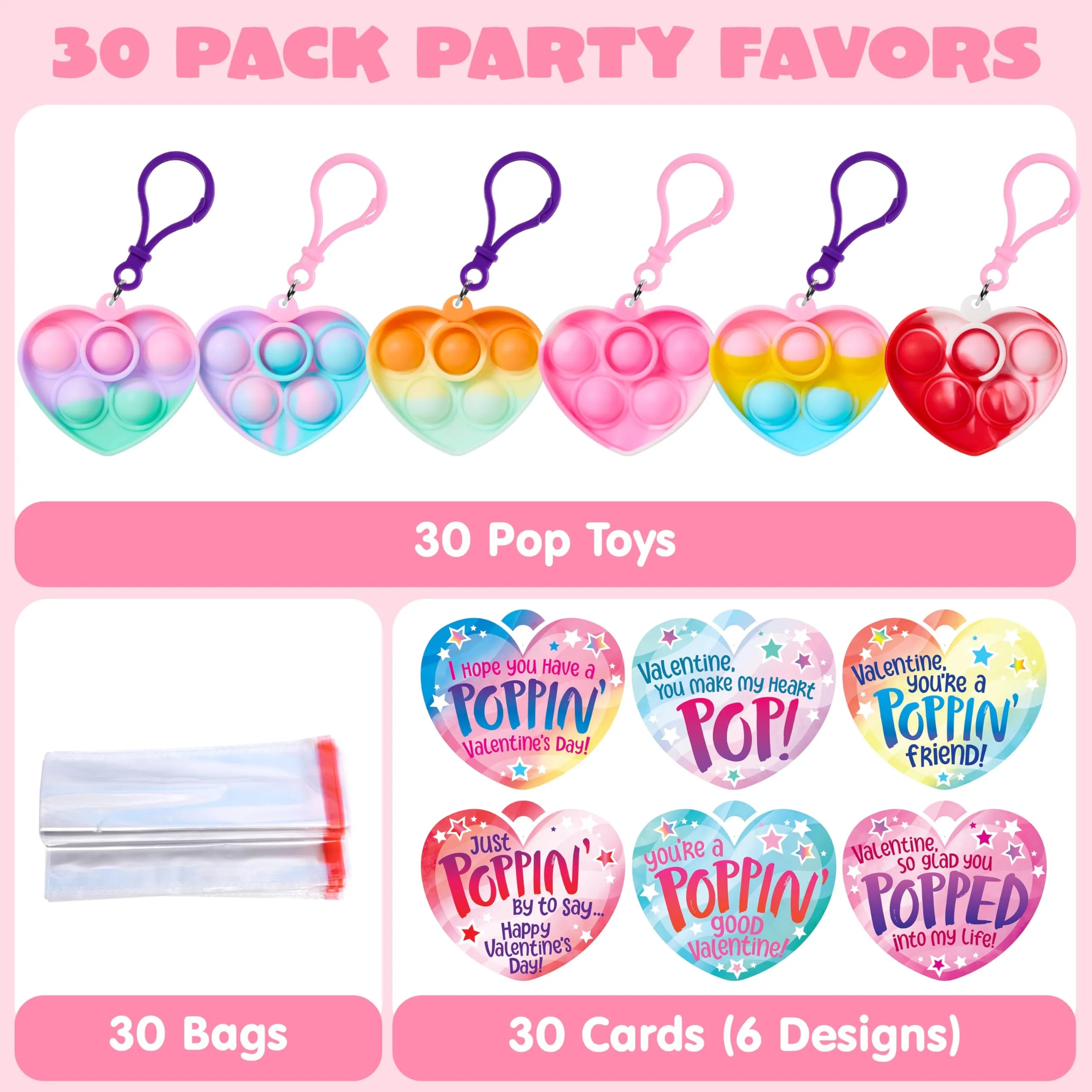 30 Packs Valentine’s Day 6-Design Gift Cards with Heart Bubble Keychain