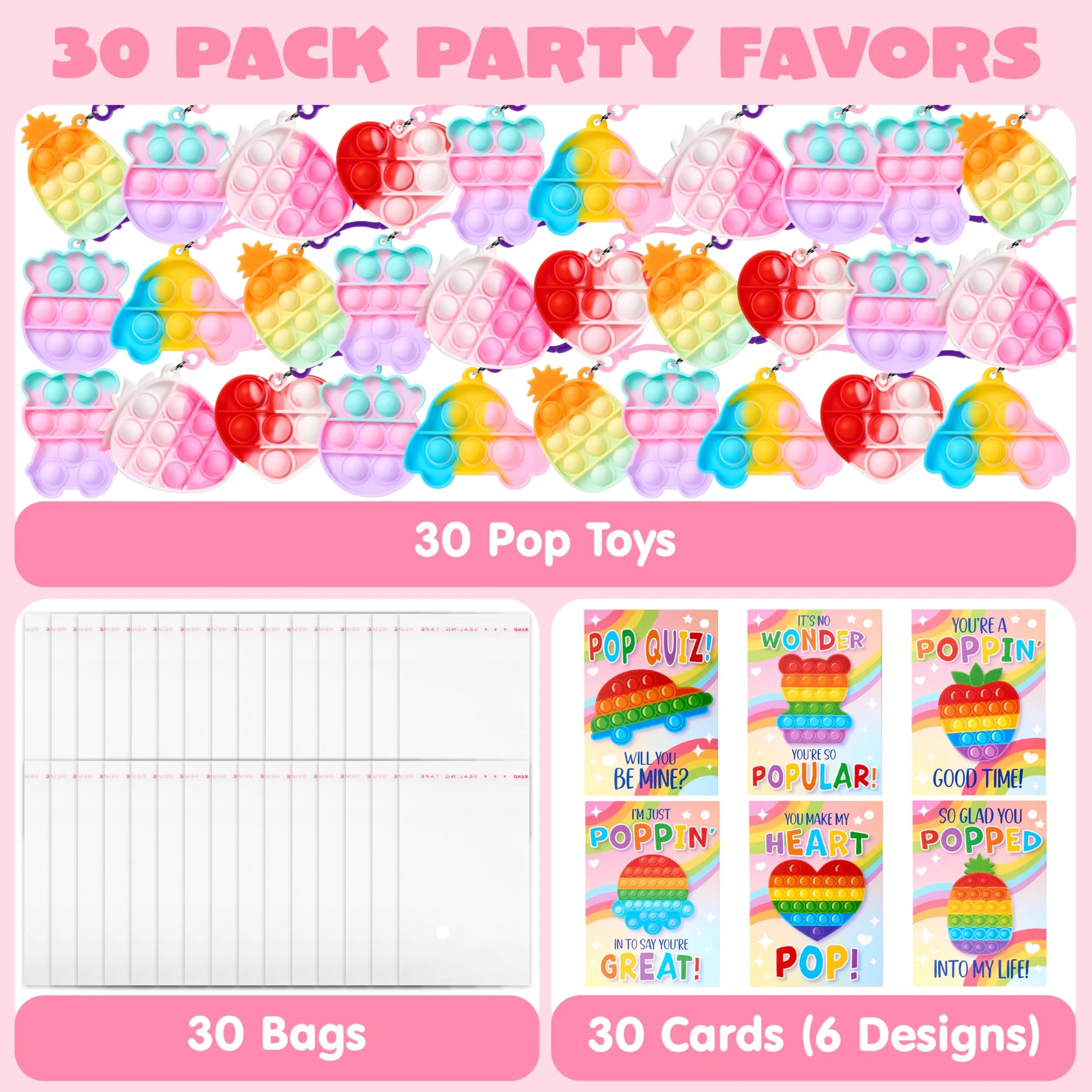 30 Packs Valentine’s Day 6-Design Gift Cards with Multi-Shape Toys