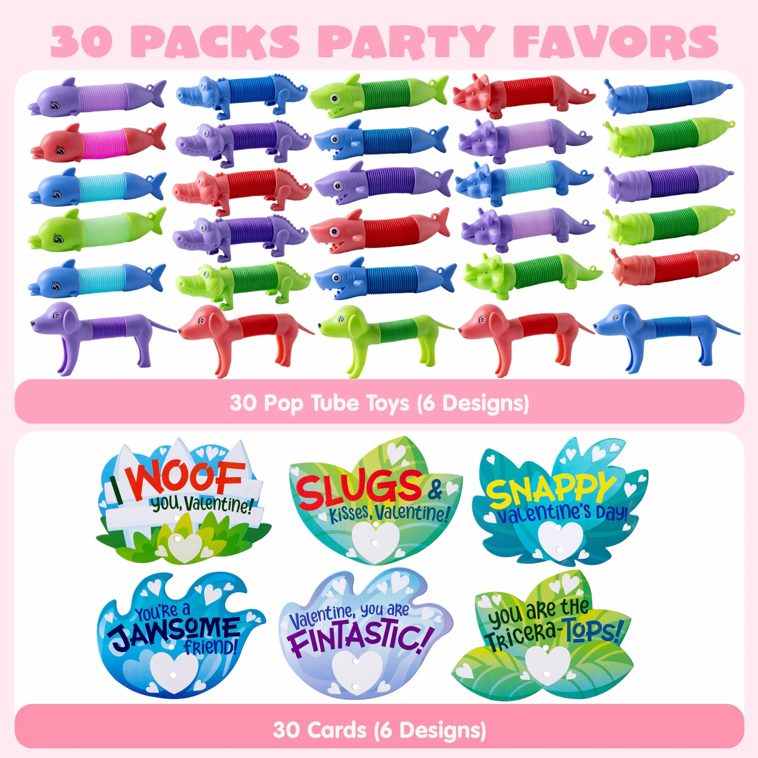 30 Packs Valentine’s Day Gift Cards with Critter Pop Tubes for Kids Classroom Gift Exchange