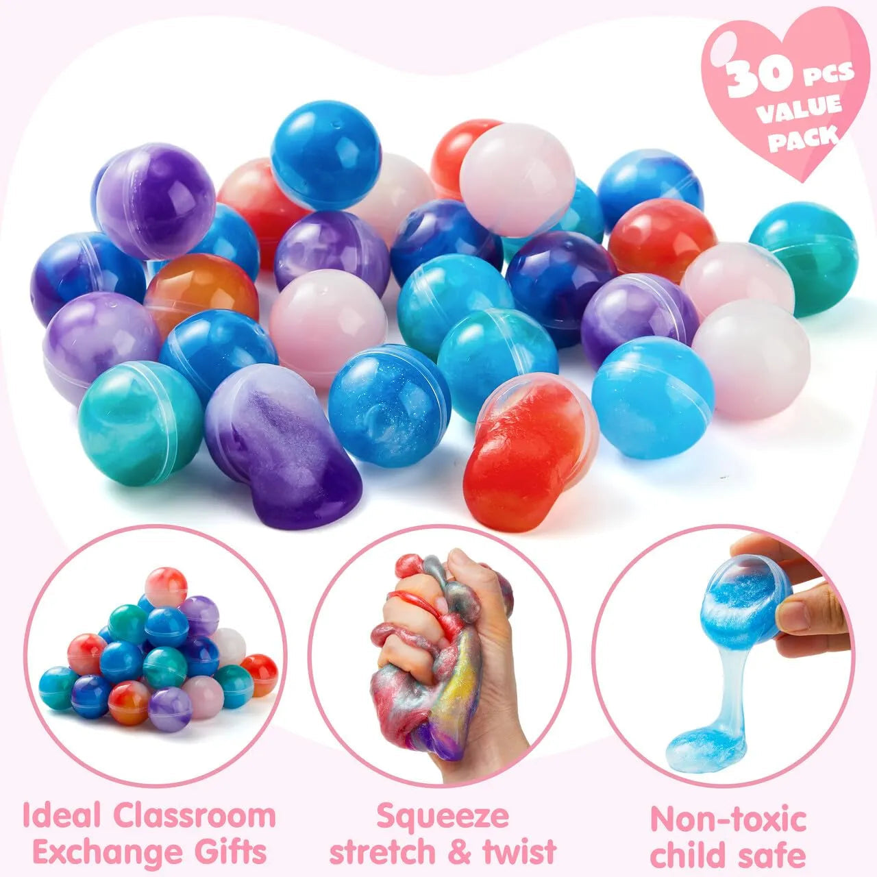 30-Pack Valentine's Day Cards with Rainbow Slime Fidget Toys for Classroom Exchange