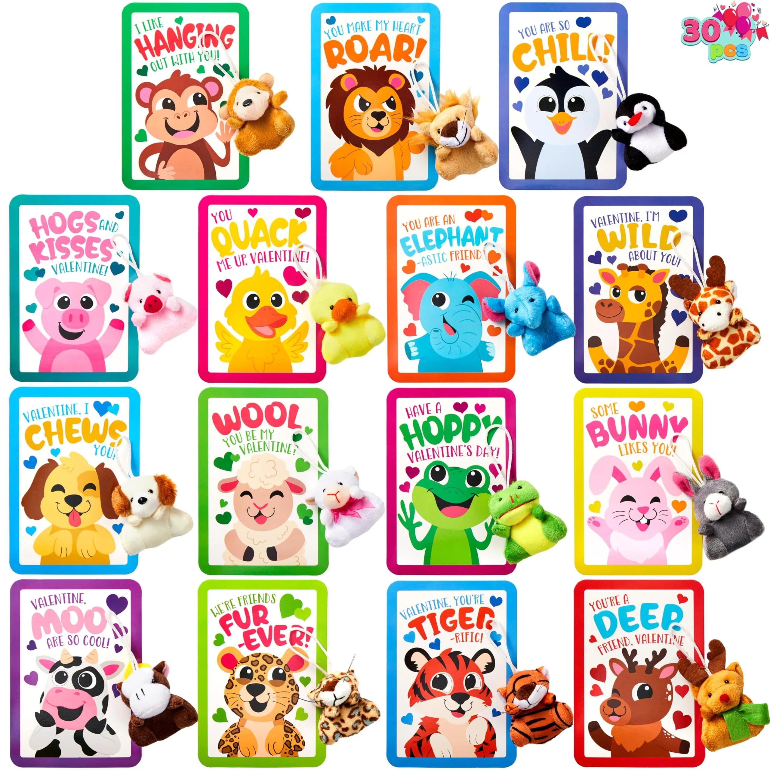 30-Pack Valentine's Day Cards with Animal Plush Toys for Kids