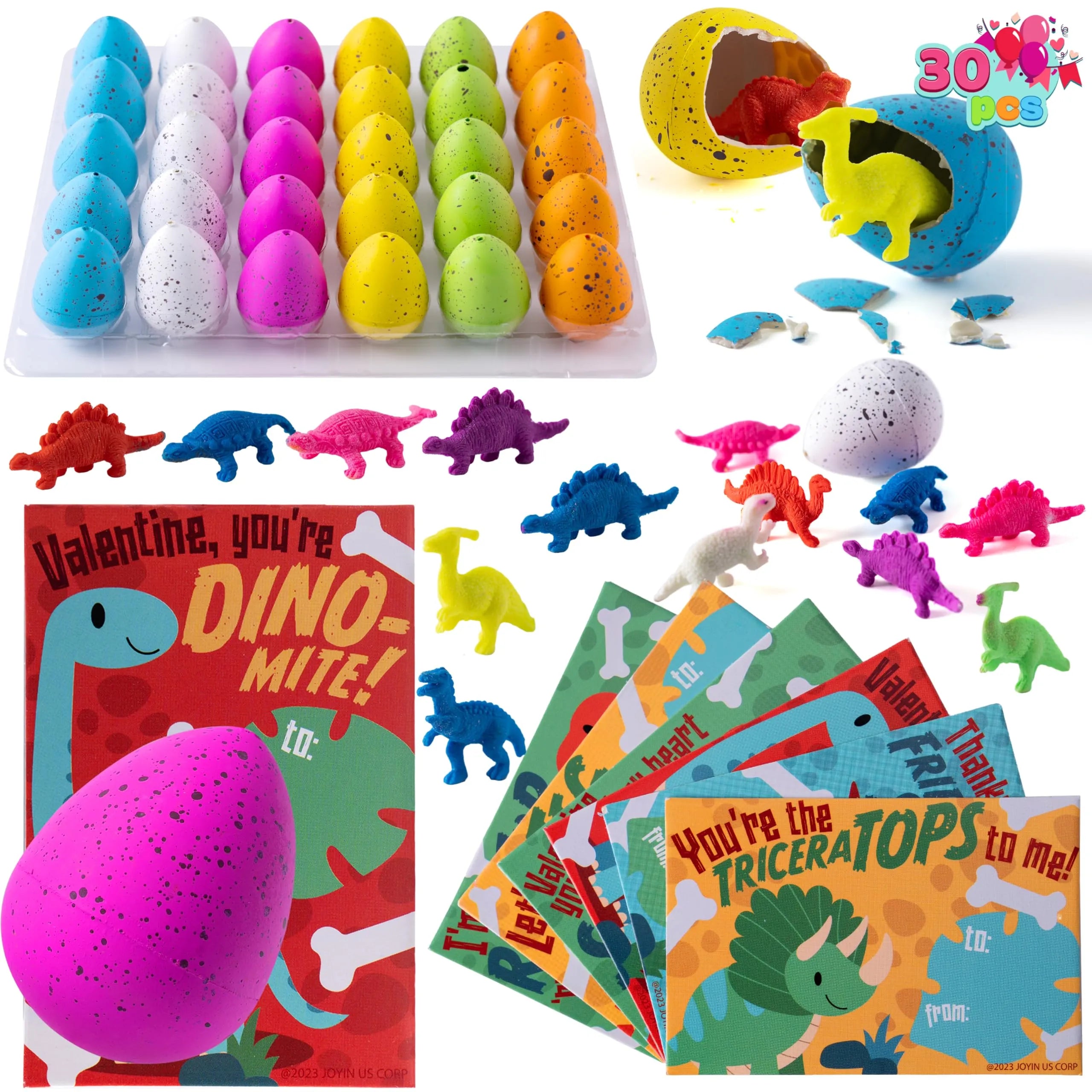 30 Packs Valentine's Day Cards with Hatch Growing Dinosaur Eggs Toys and Hangers for Classroom Exchange Gifts