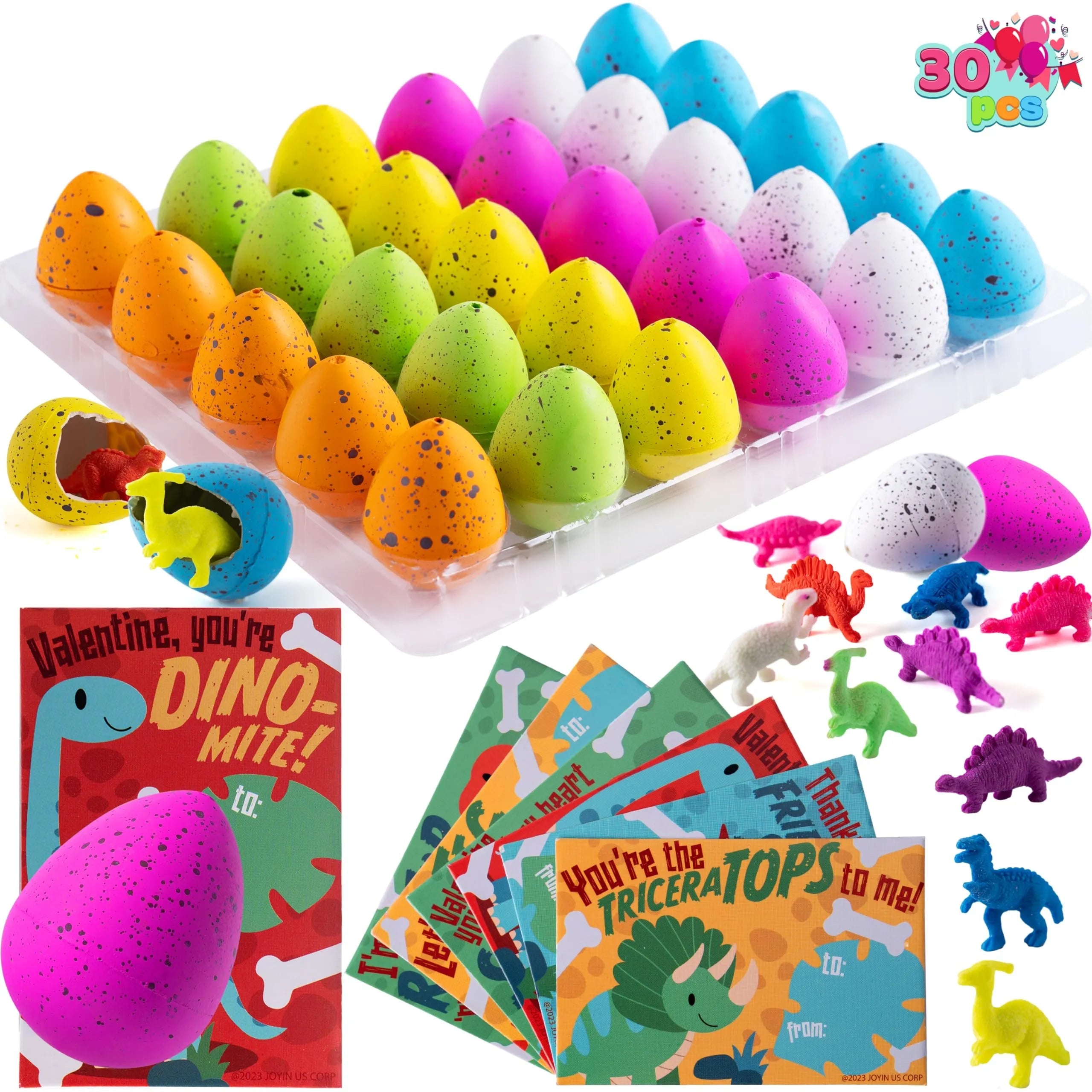 30 Packs Valentine's Day Cards with Hatch Growing Dinosaur Eggs Toys and Hangers for Classroom Exchange Gifts