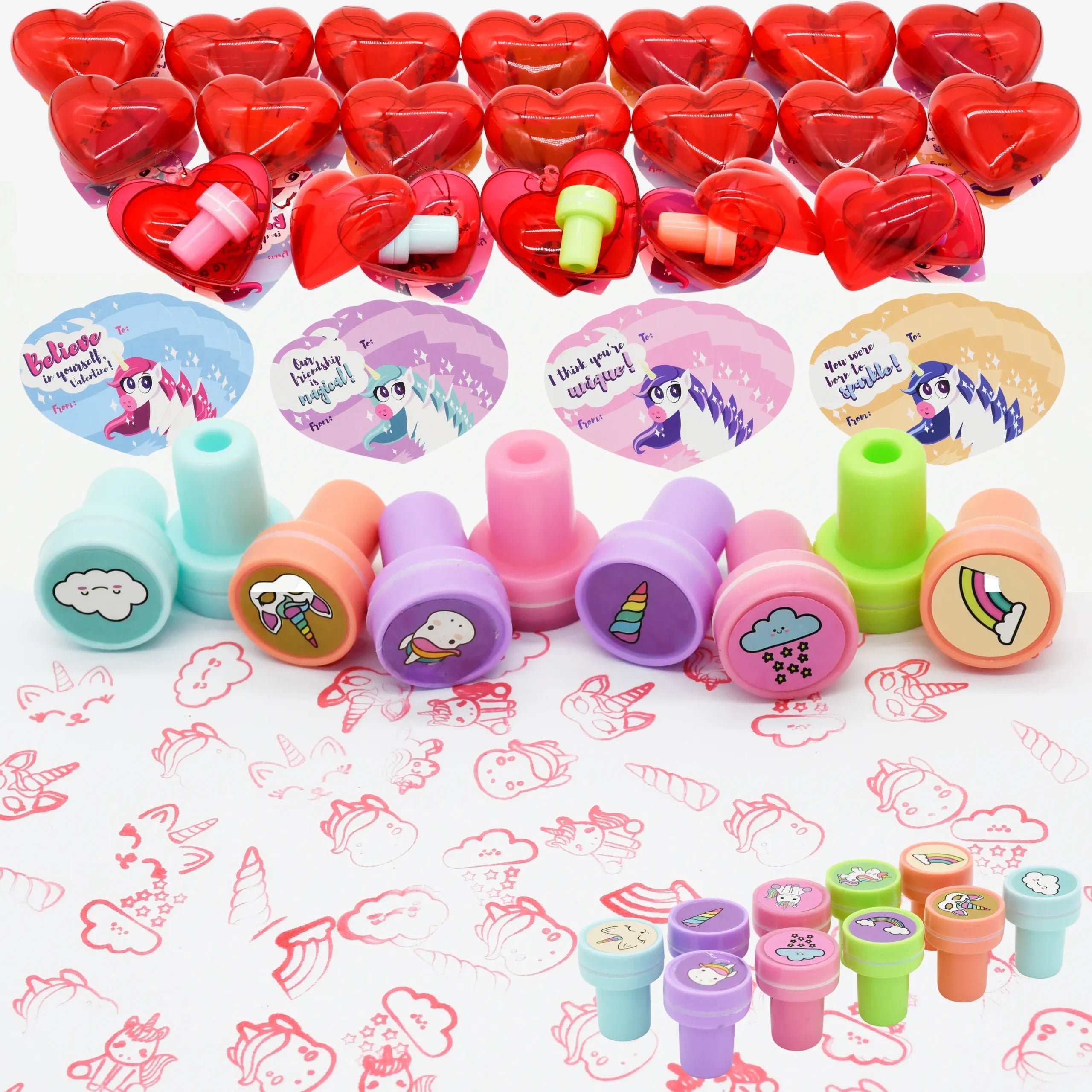 30-Pack Unicorn Stamper Filled Hearts with Valentine's Day Cards for Kids Classroom Exchange Gifts