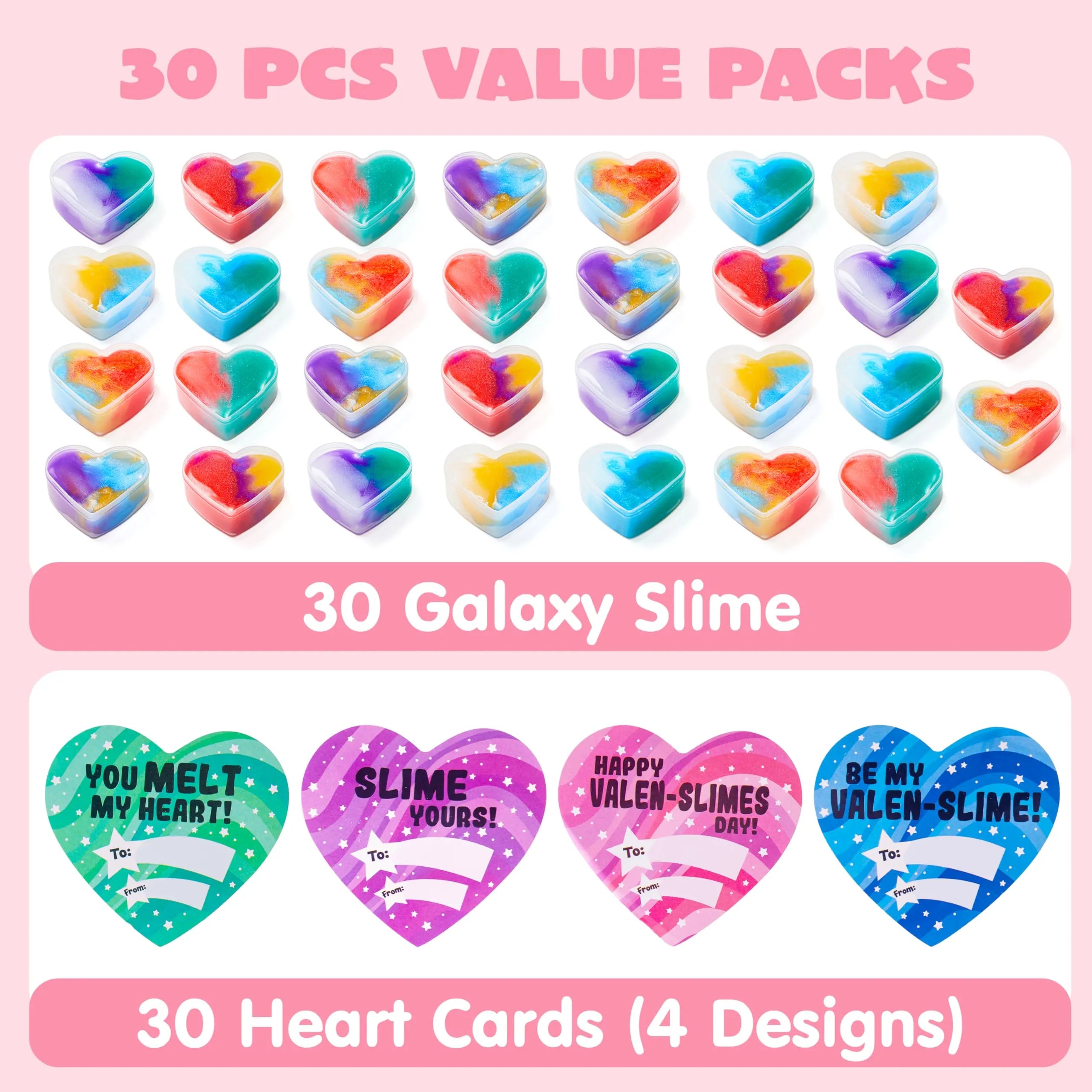30 Cosmic Realm Slime Hearts with Kids Valentine's Cards for Classroom Exchange