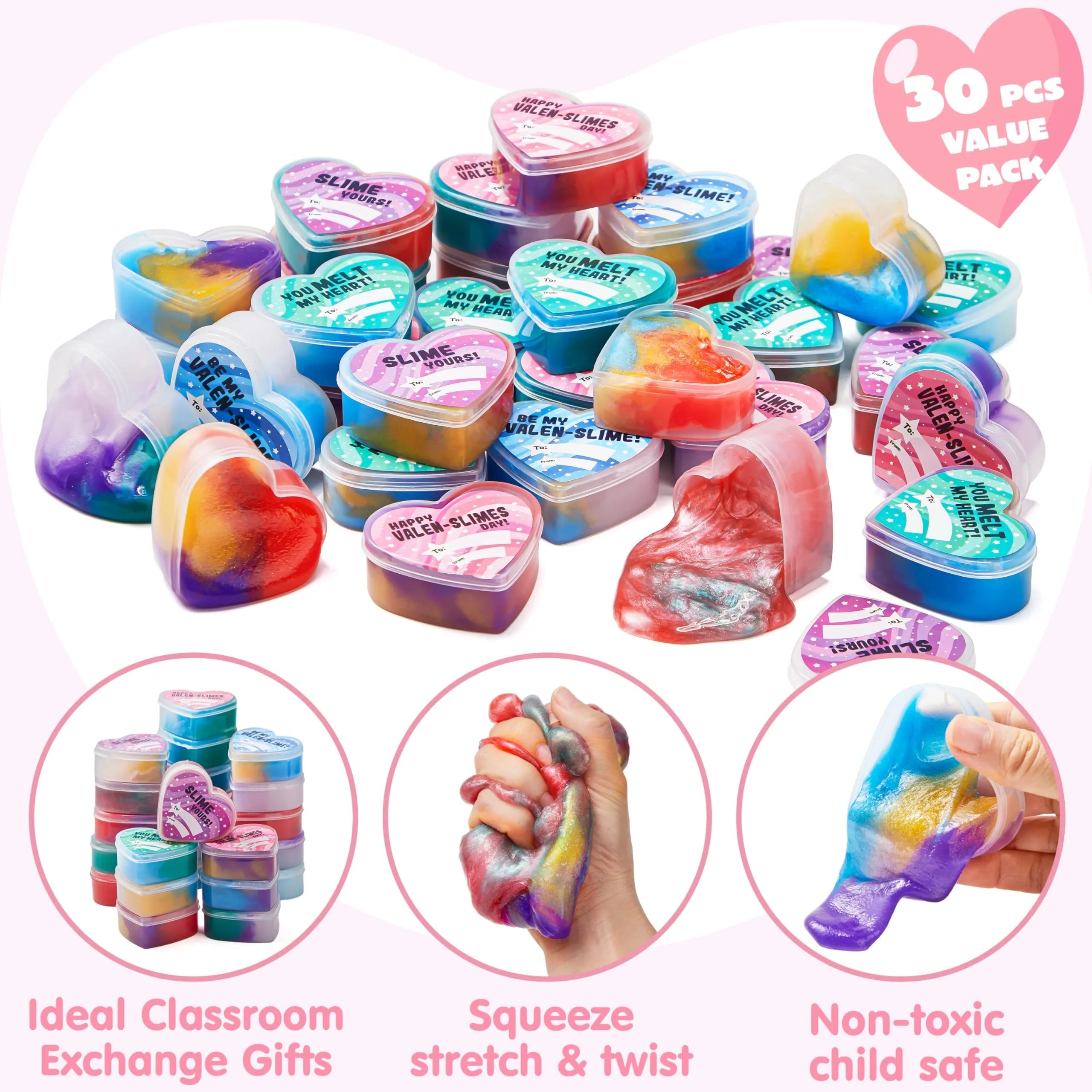 30 Cosmic Realm Slime Hearts with Kids Valentine's Cards for Classroom Exchange