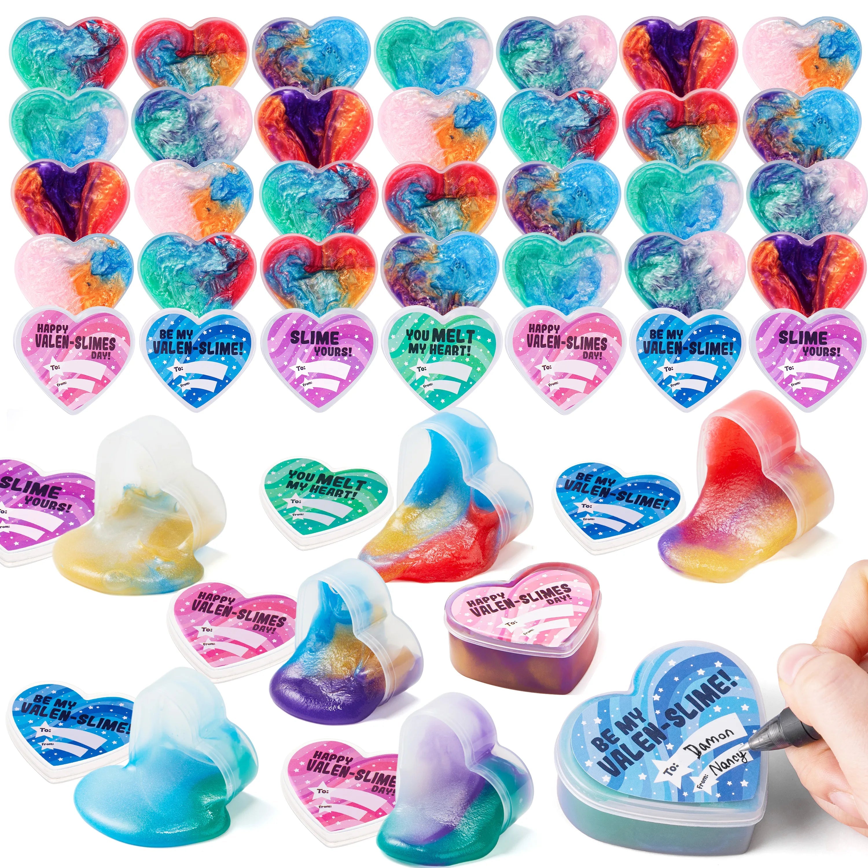 30 Cosmic Realm Slime Hearts with Kids Valentine's Cards for Classroom Exchange