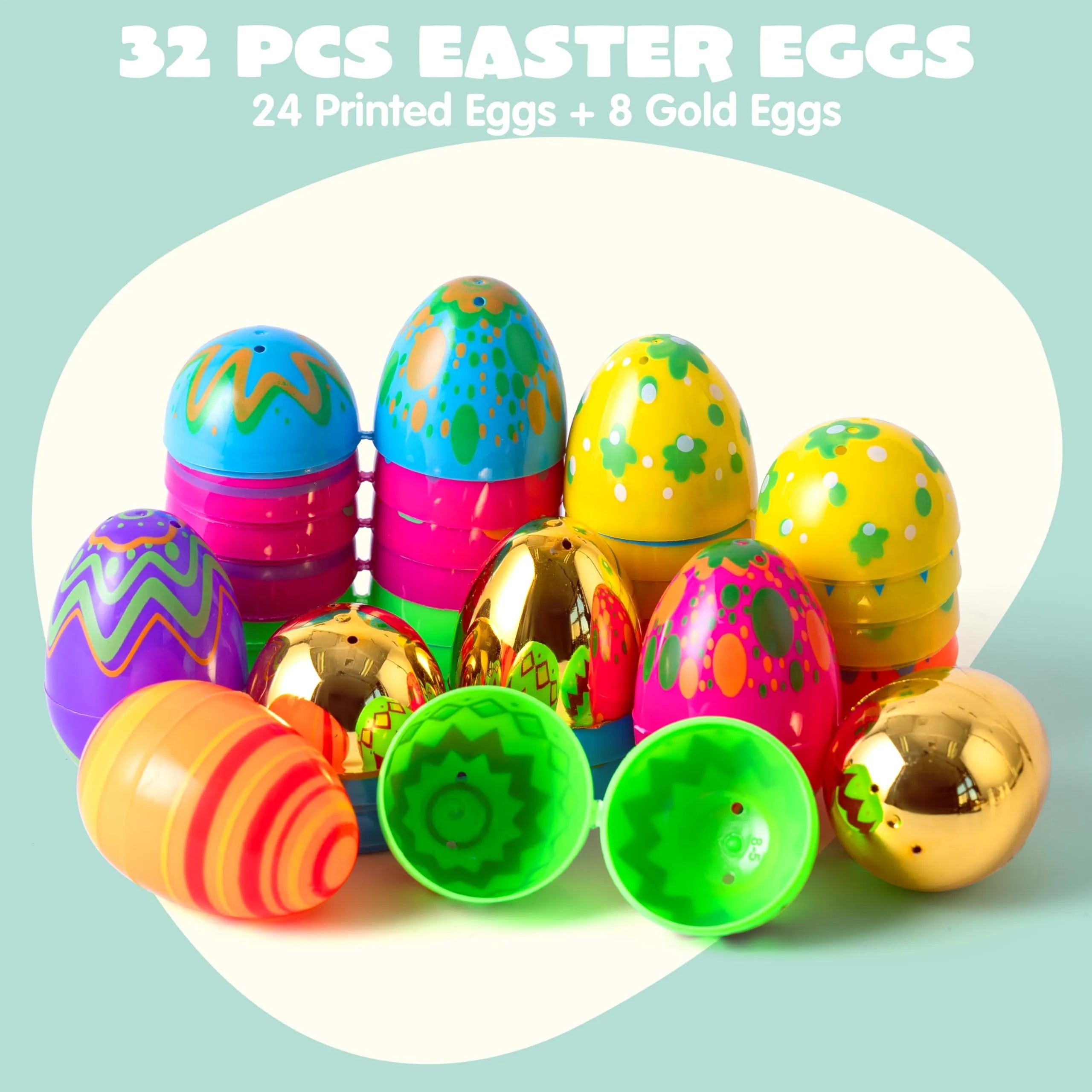 32Pcs 3.15in Printed Easter Eggs Include 8 Golden Eggs for Easter Egg Hunt