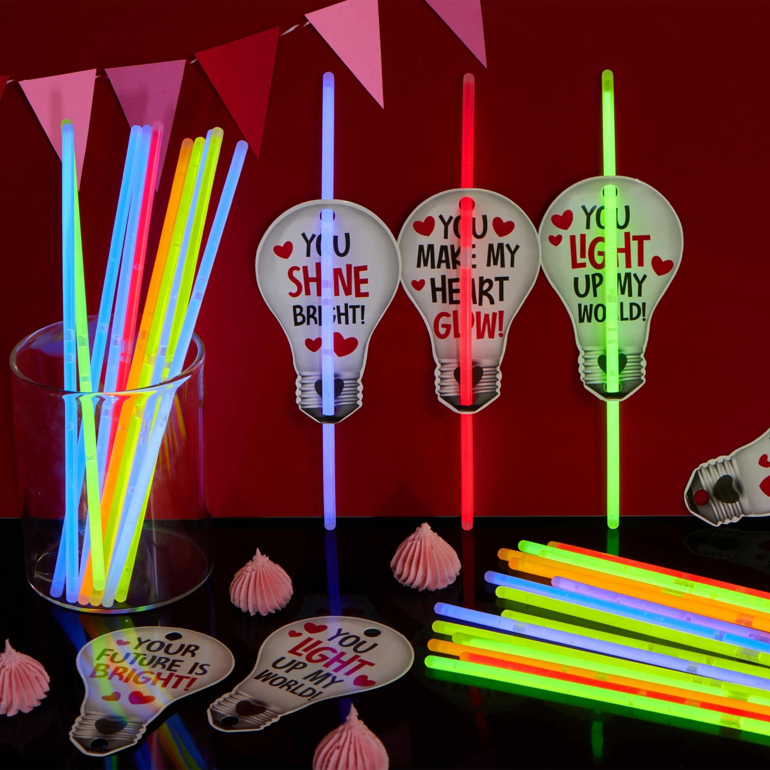 36 Neon Valentine's Day Glow Stick Cards with Glow Necklaces