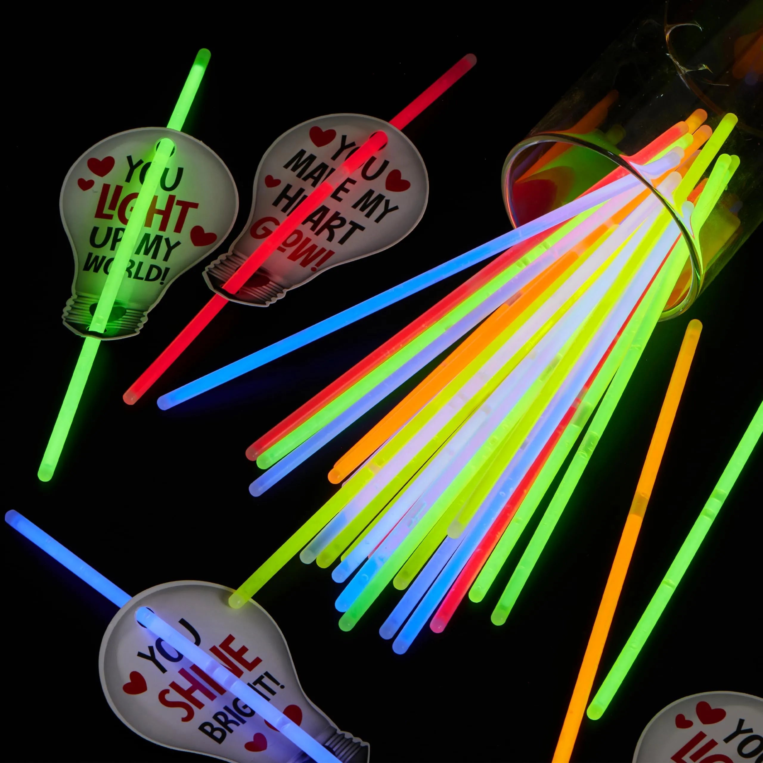 36 Neon Valentine's Day Glow Stick Cards with Glow Necklaces