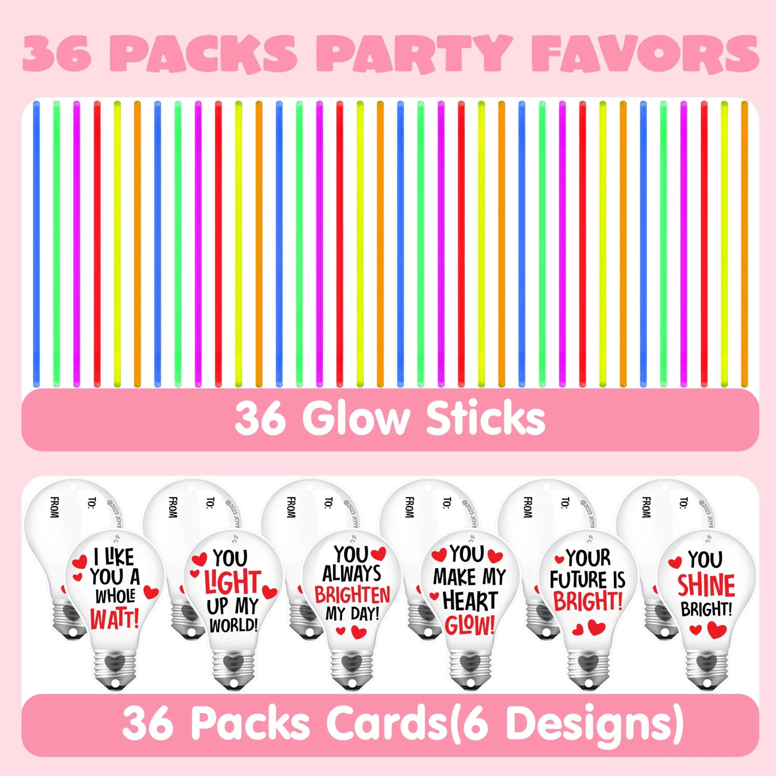 36 Neon Valentine's Day Glow Stick Cards with Glow Necklaces