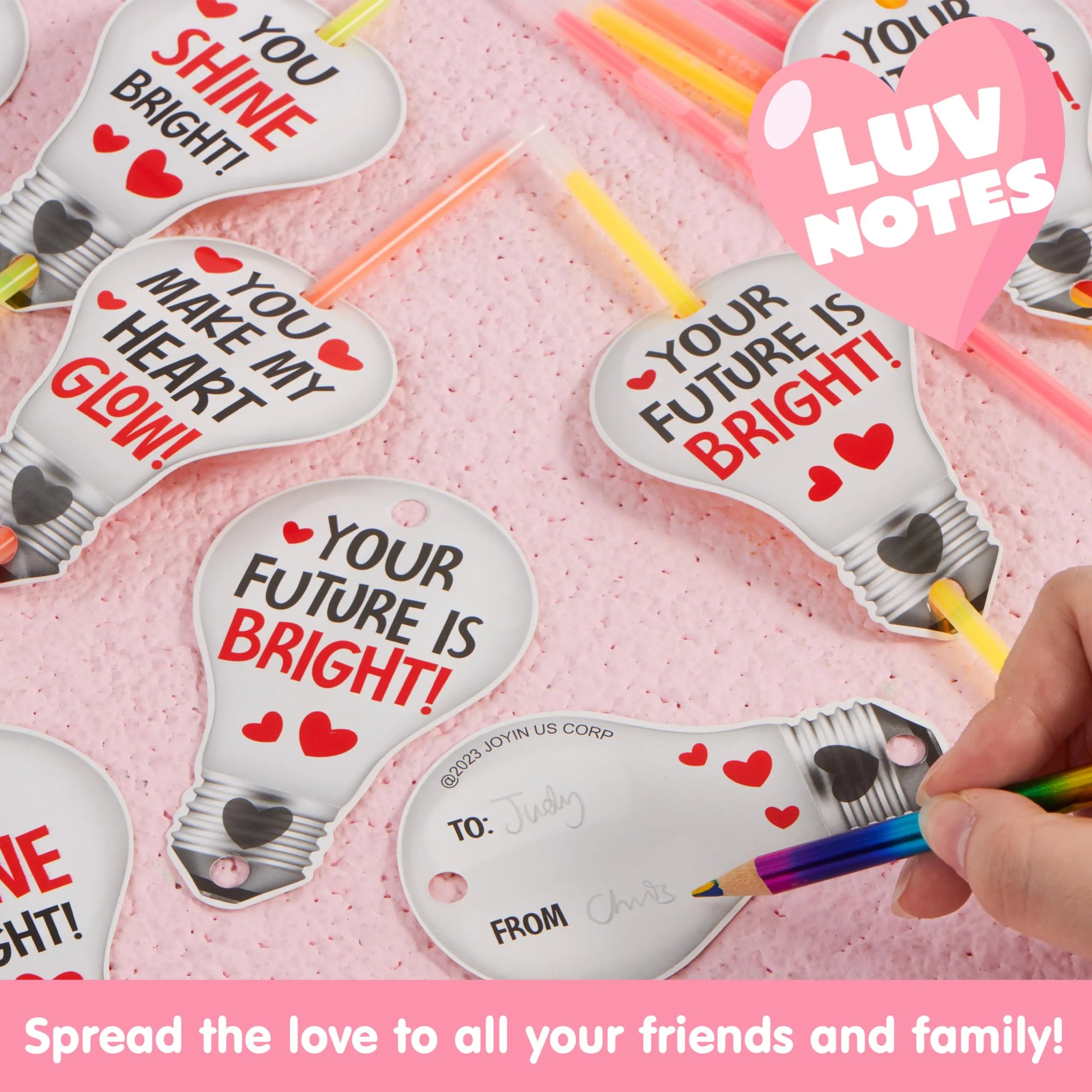 36 Neon Valentine's Day Glow Stick Cards with Glow Necklaces