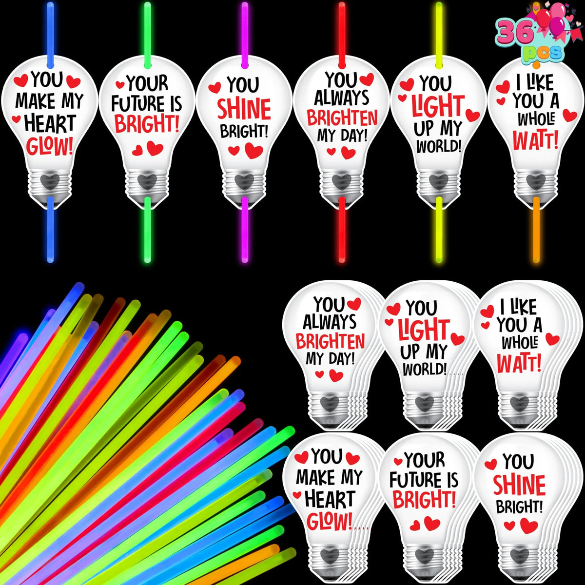 36 Neon Valentine's Day Glow Stick Cards with Glow Necklaces