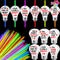 36 Neon Valentine's Day Glow Stick Cards with Glow Necklaces