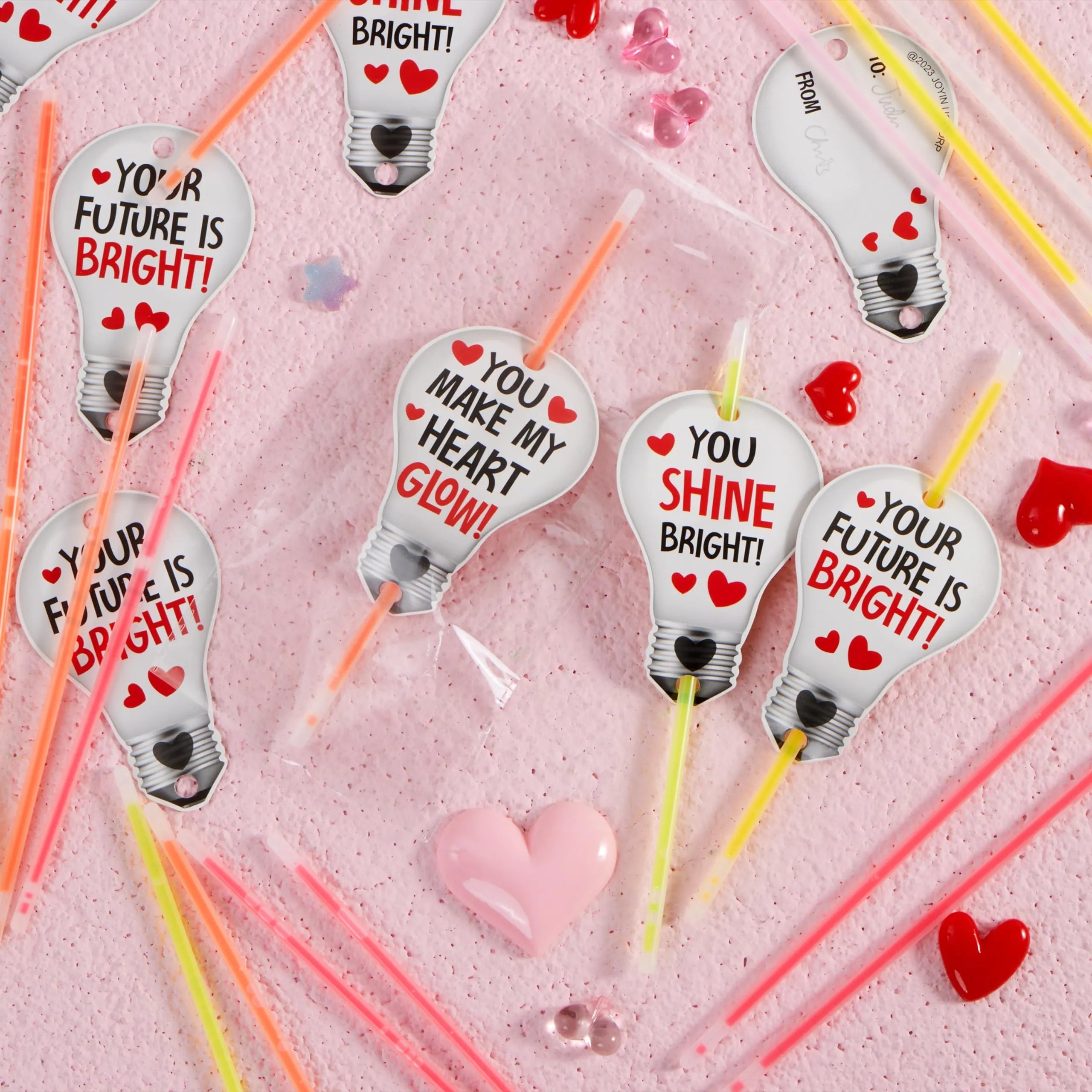 36 Neon Valentine's Day Glow Stick Cards with Glow Necklaces