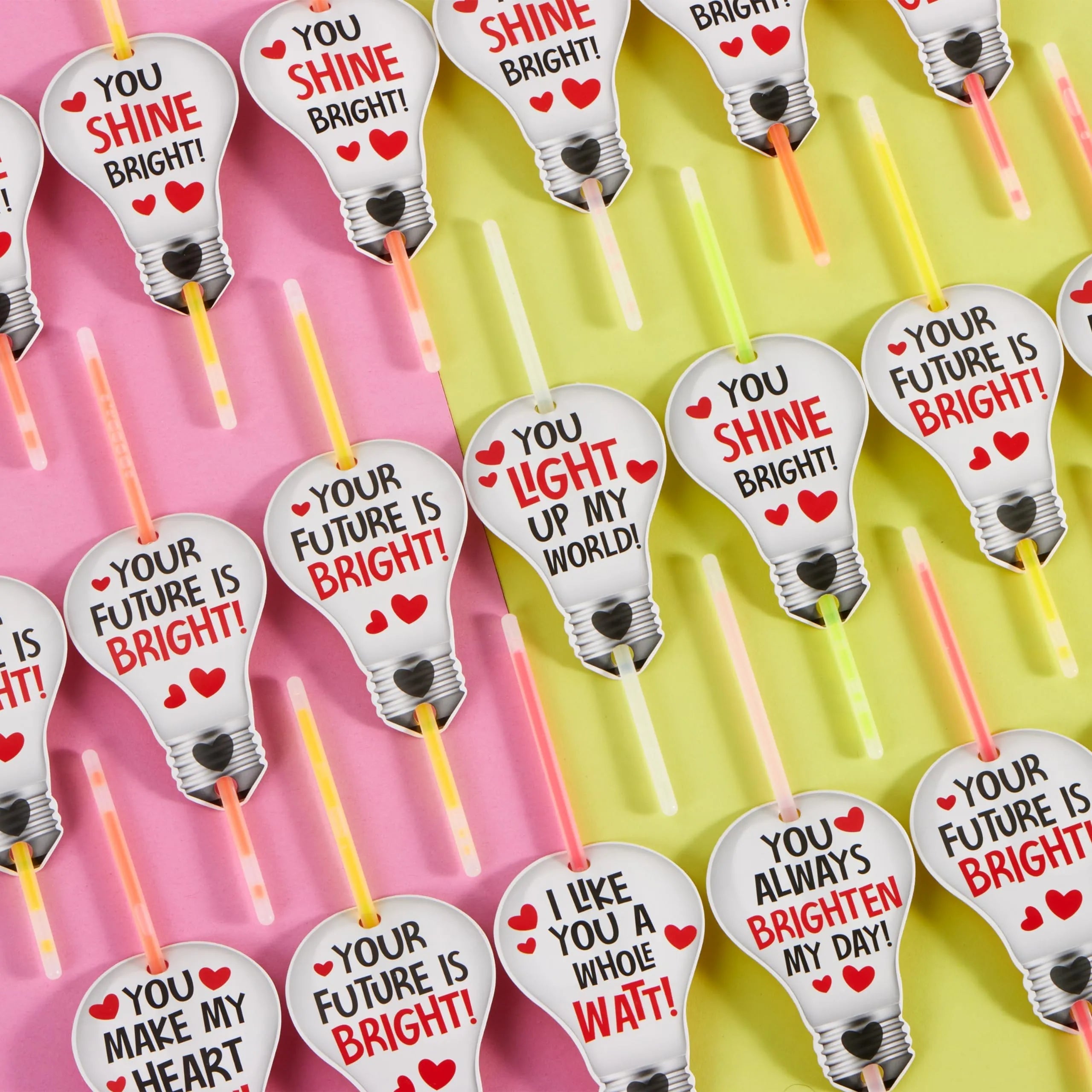 36 Neon Valentine's Day Glow Stick Cards with Glow Necklaces