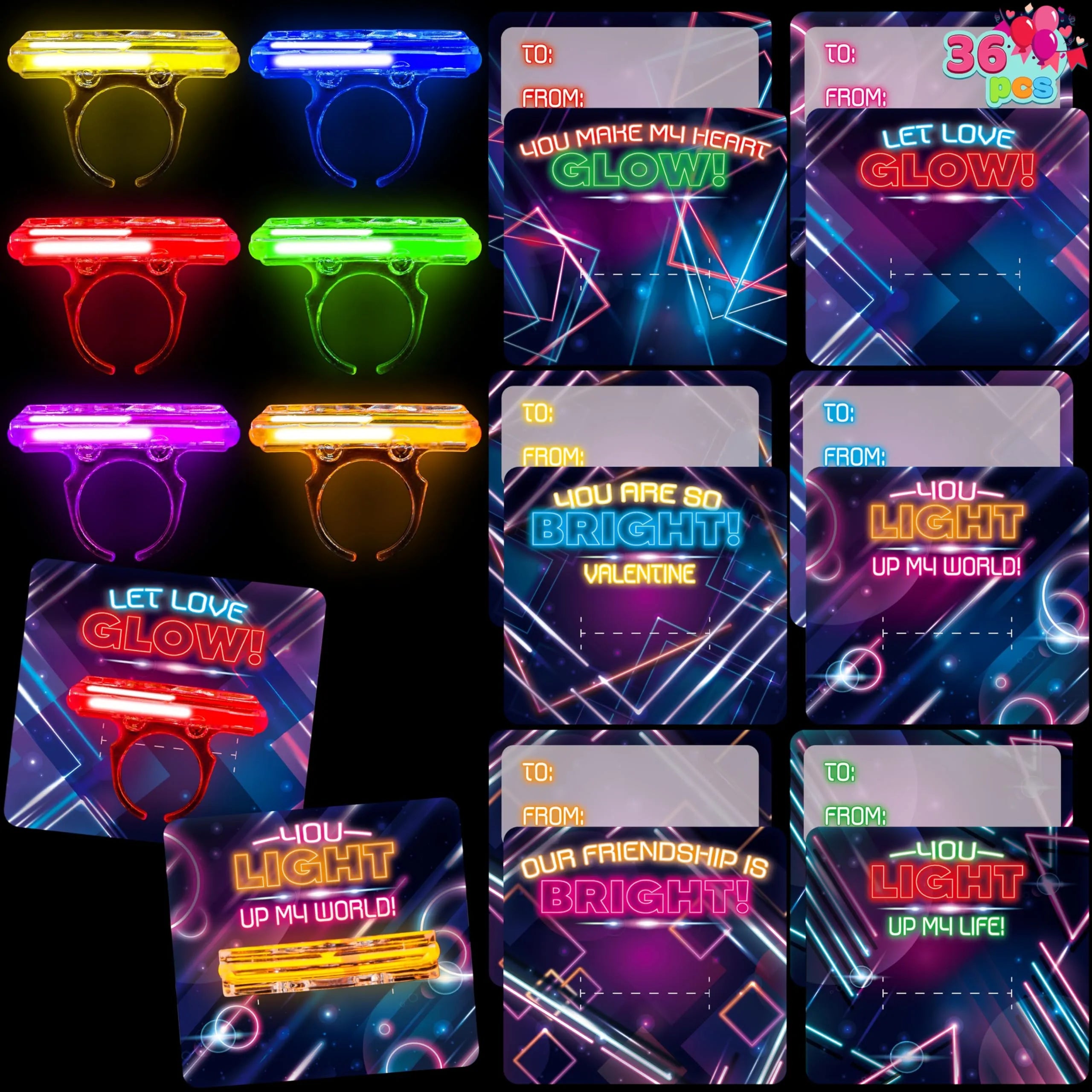 36 Valentine's Day Gift Cards with Glow-in-the-Dark Rings