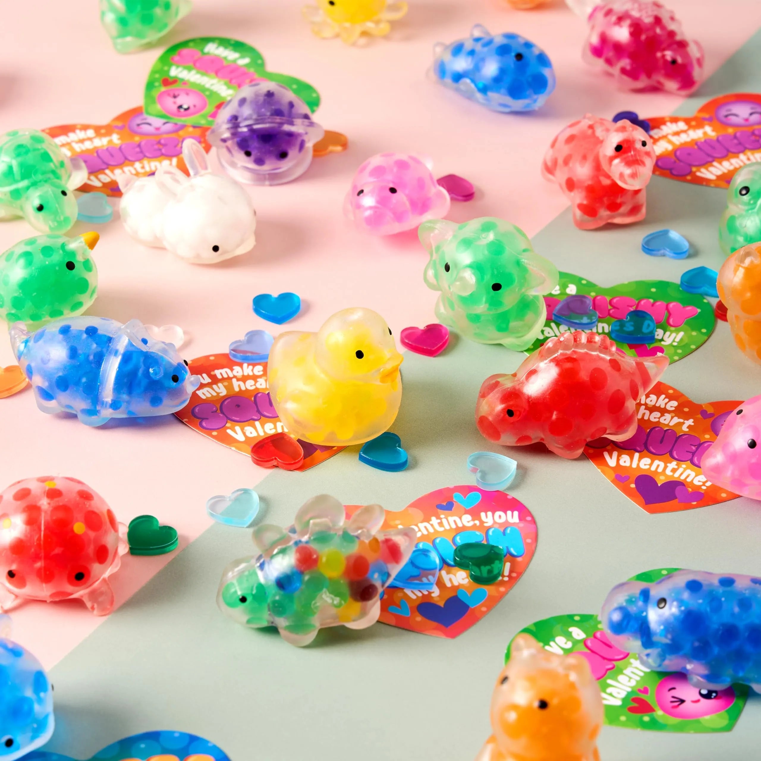 36 Pack Valentine's Day Heart Cards with Squishy Water Toys for Classroom Exchange