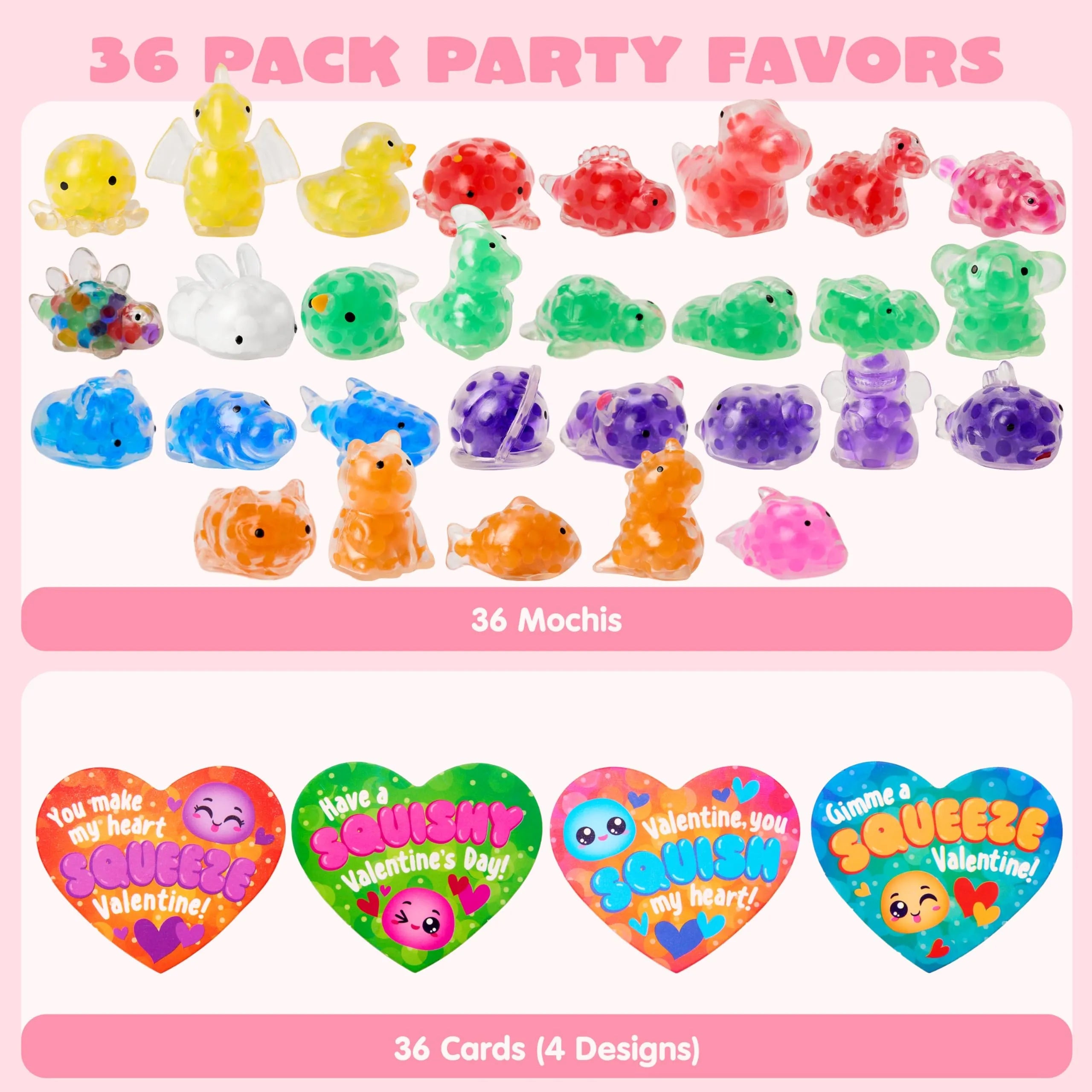 36 Pack Valentine's Day Heart Cards with Squishy Water Toys for Classroom Exchange