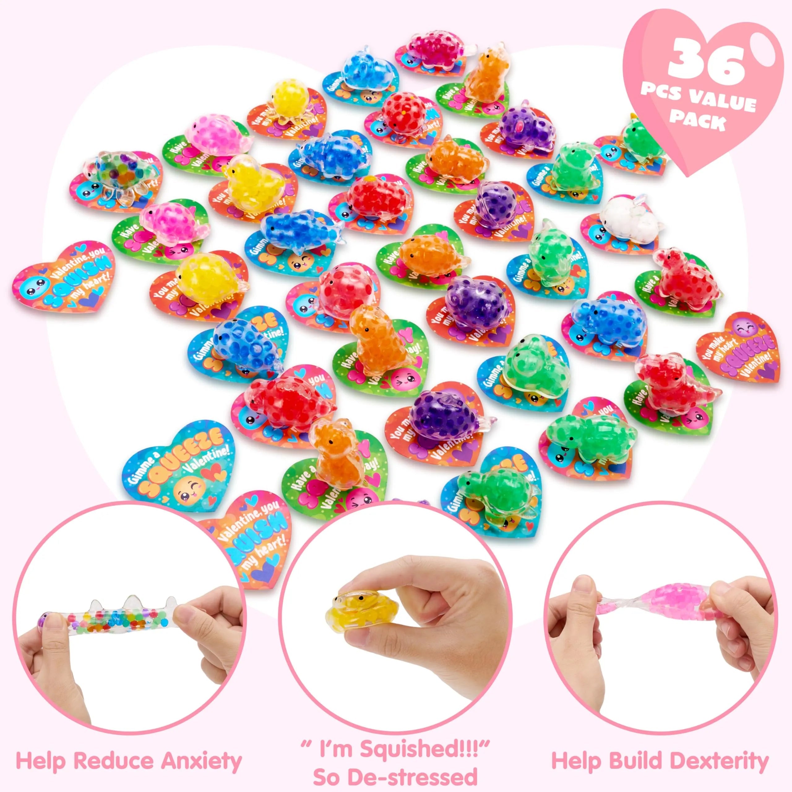 36 Pack Valentine's Day Heart Cards with Squishy Water Toys for Classroom Exchange