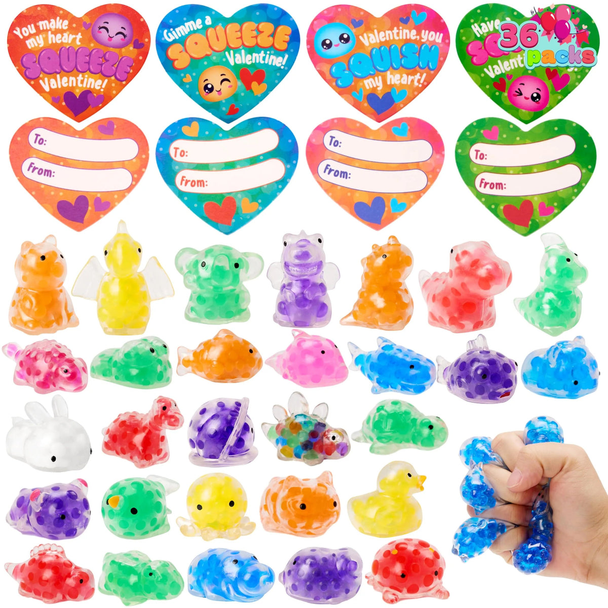 36 Pack Valentine's Day Heart Cards with Squishy Water Toys for Classroom Exchange