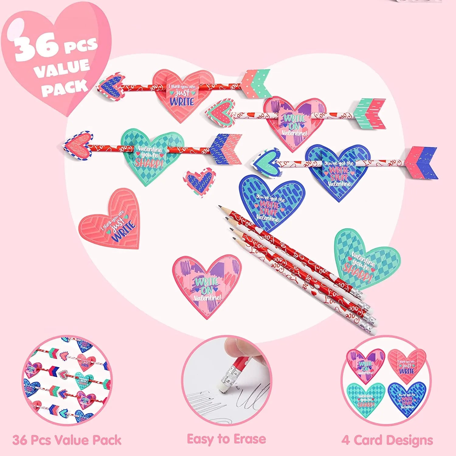 36Pcs Kids Valentine's Cards with Cupid's Arrow Pencil - Classroom Exchange Gifts