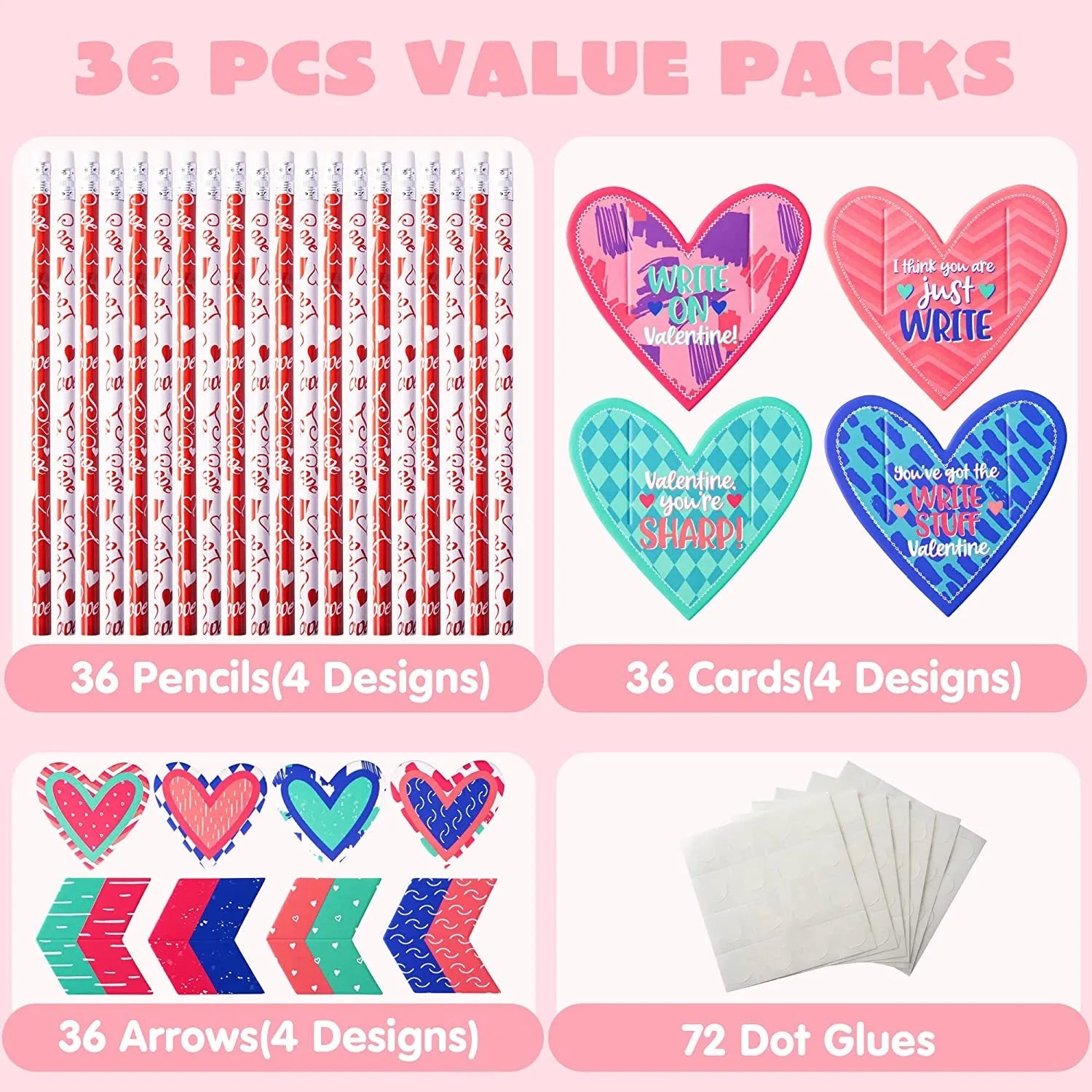 36Pcs Kids Valentine's Cards with Cupid's Arrow Pencil - Classroom Exchange Gifts