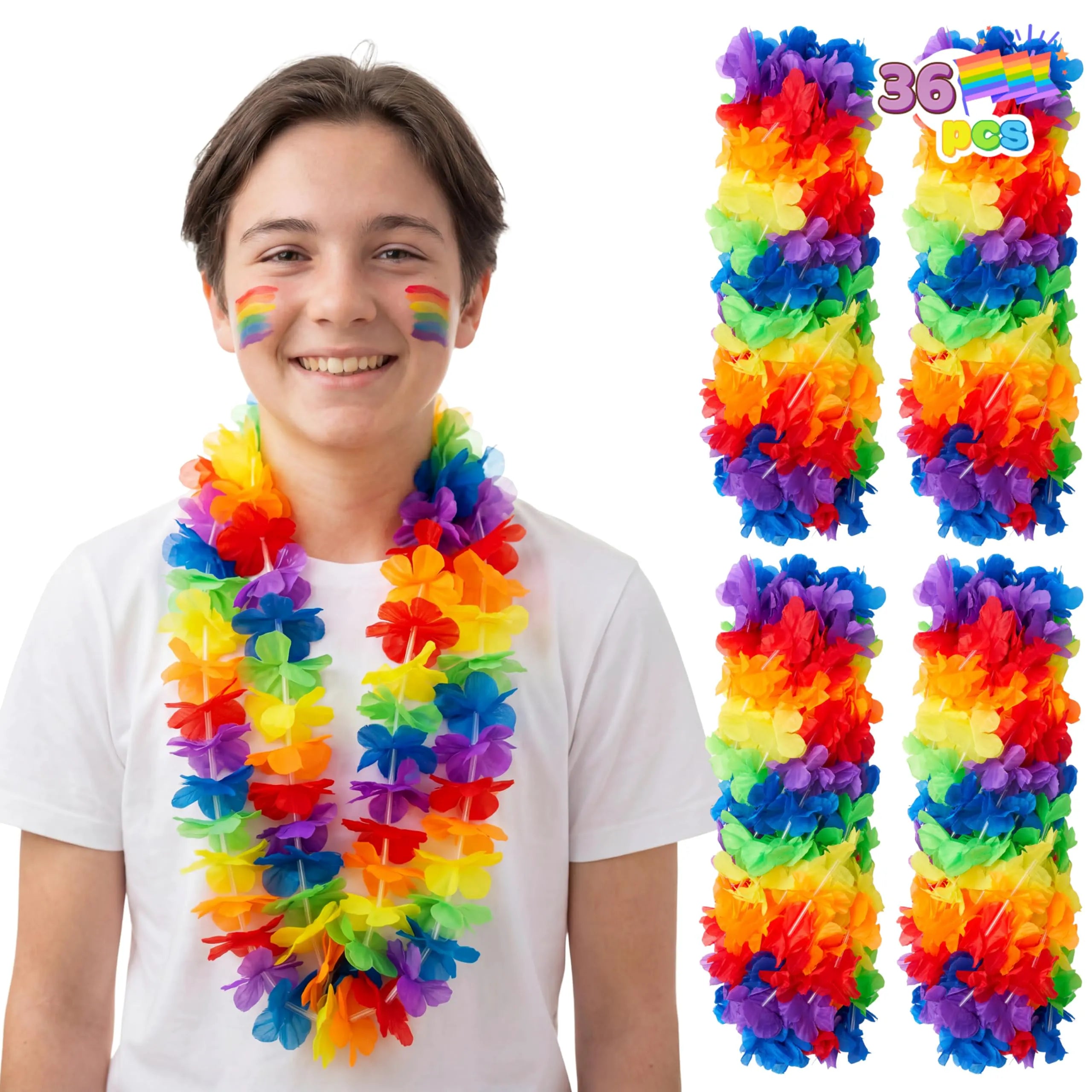 36Pcs Rainbow Flower Leis Bulk Pride Party Necklaces