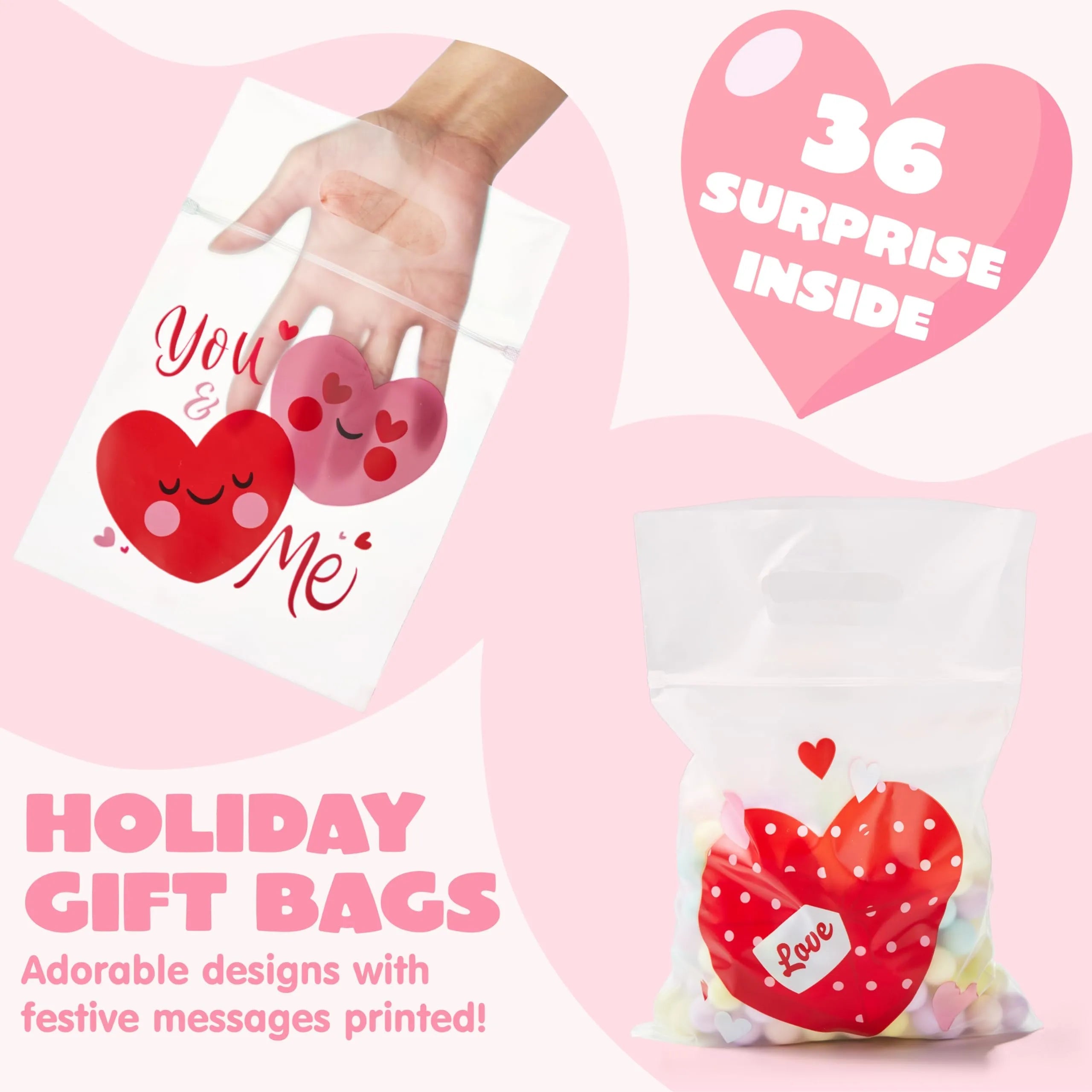 36 Valentine's Day Cellophane Gift Bags, Candy Treat Bags with 6 Designs for Kids Party Favors